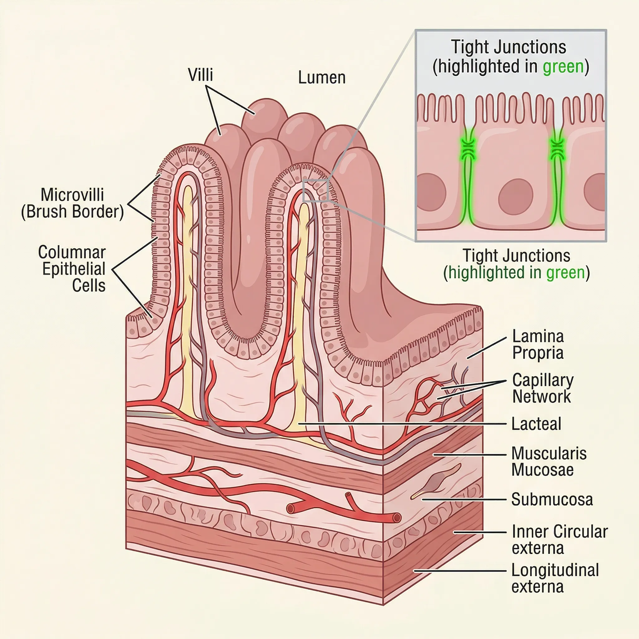 Cross-section illustration of intestinal wall showing tight junctions and mucosal repair