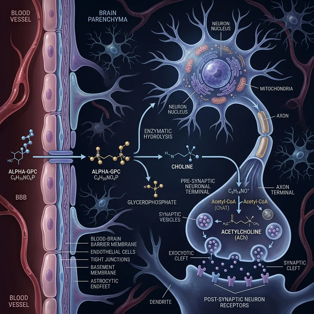 Diagram showing alpha-GPC crossing the blood-brain barrier and converting into acetylcholine at a neural synapse