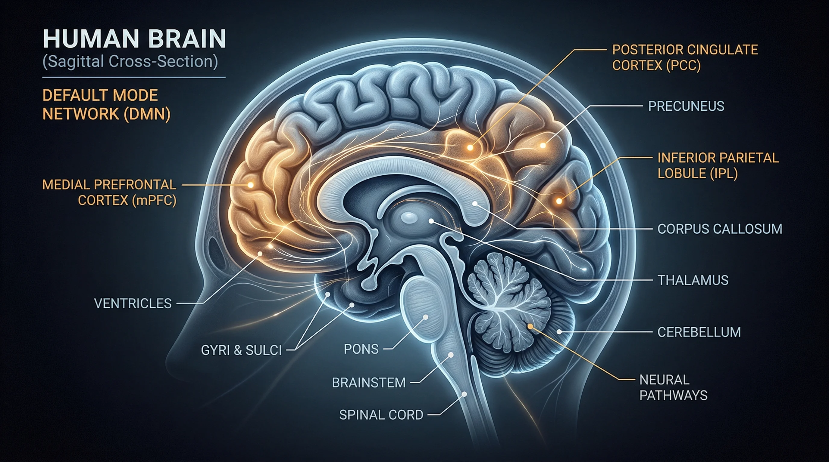 Scientific illustration of brain highlighting default mode network regions affected by psilocybin