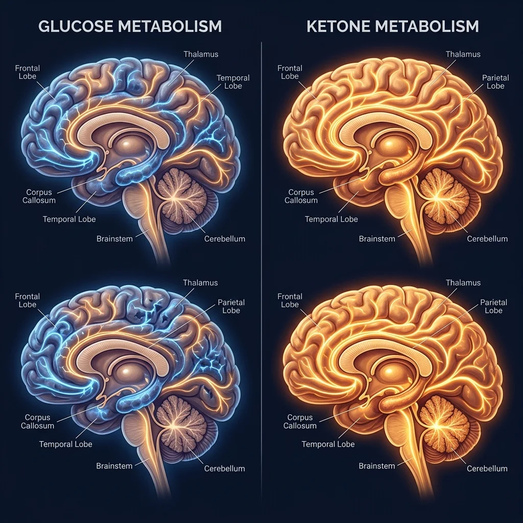 Medical illustration comparing brain glucose metabolism with dimmed neural areas versus ketone metabolism with evenly active neural pathways