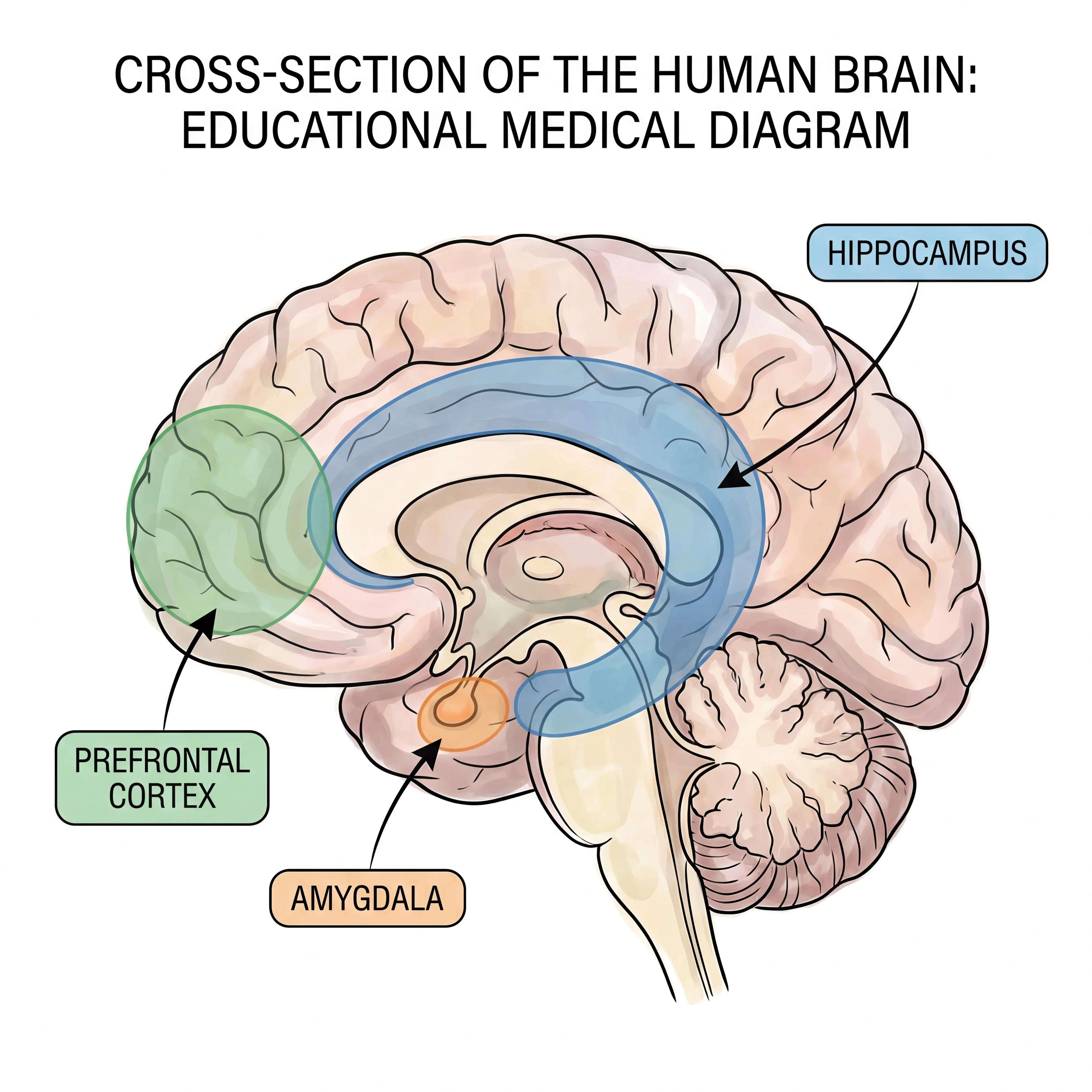 Illustrated cross-section of the human brain highlighting the hippocampus, amygdala, and prefrontal cortex