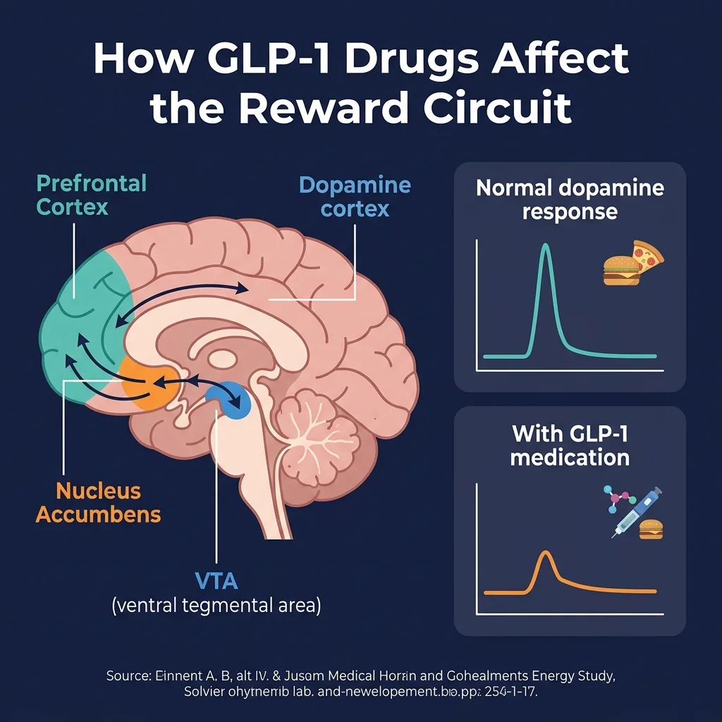 Infographic showing how GLP-1 drugs reduce dopamine signaling in the brain's reward circuit including VTA, nucleus accumbens, and prefrontal cortex