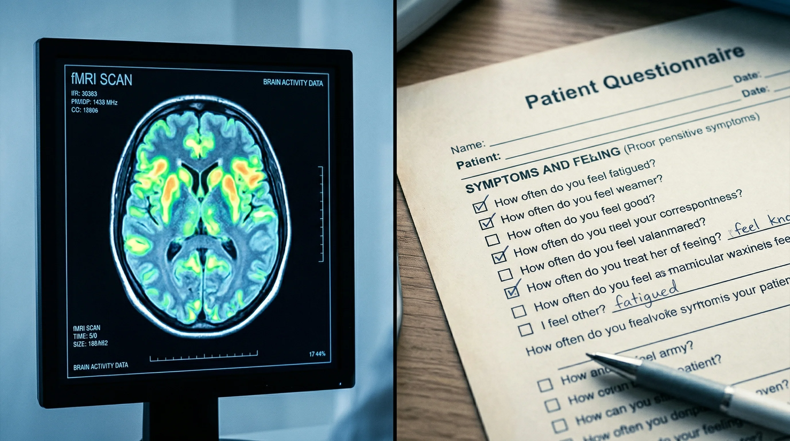 Split image showing brain scan data alongside clinical questionnaires, representing the gap between measured brain changes and self-reported outcomes
