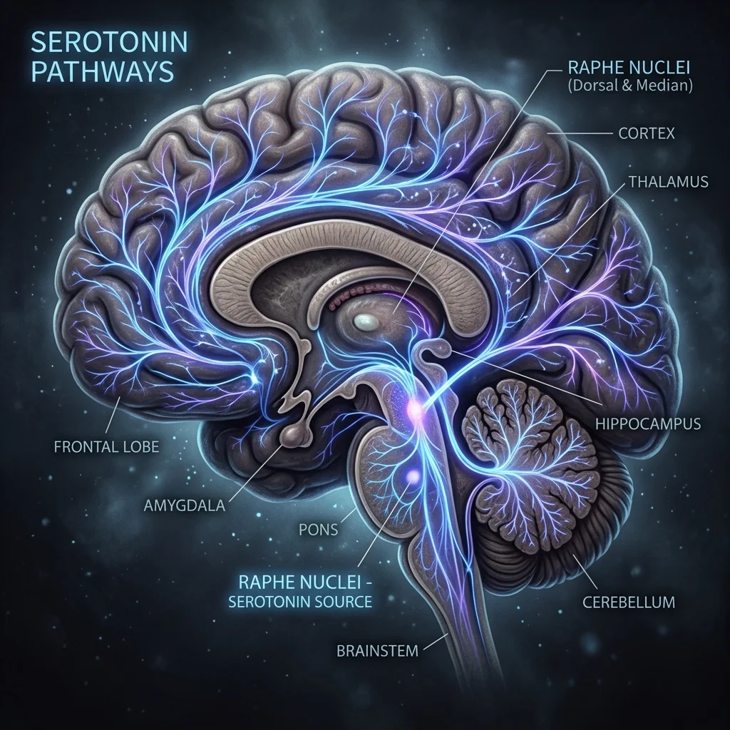 Stylized cross-section of a human brain highlighting serotonin pathways and neurotransmitter signaling regions