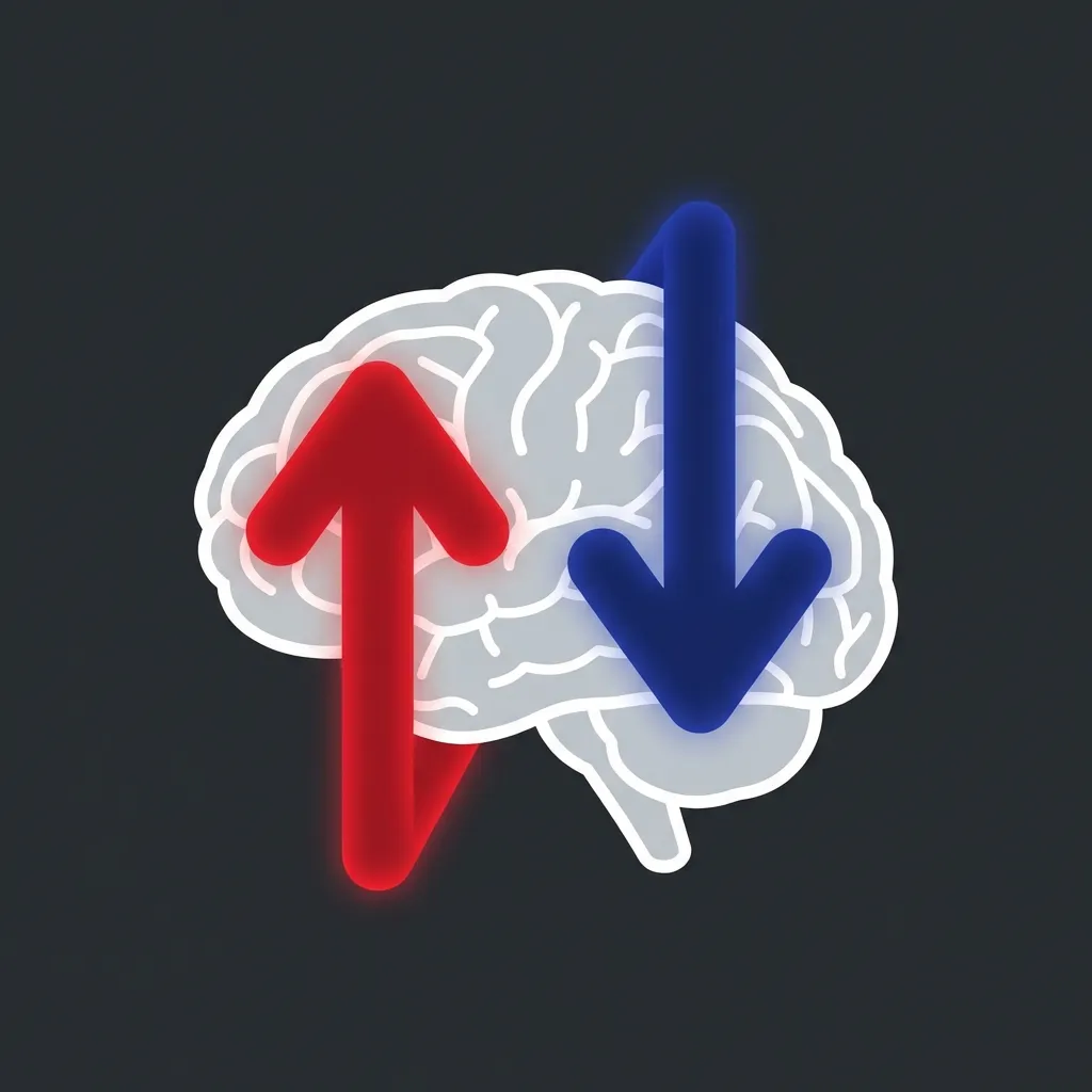 Scientific illustration of opposing red and blue arrows converging on a brain, representing stimulant and depressant effects