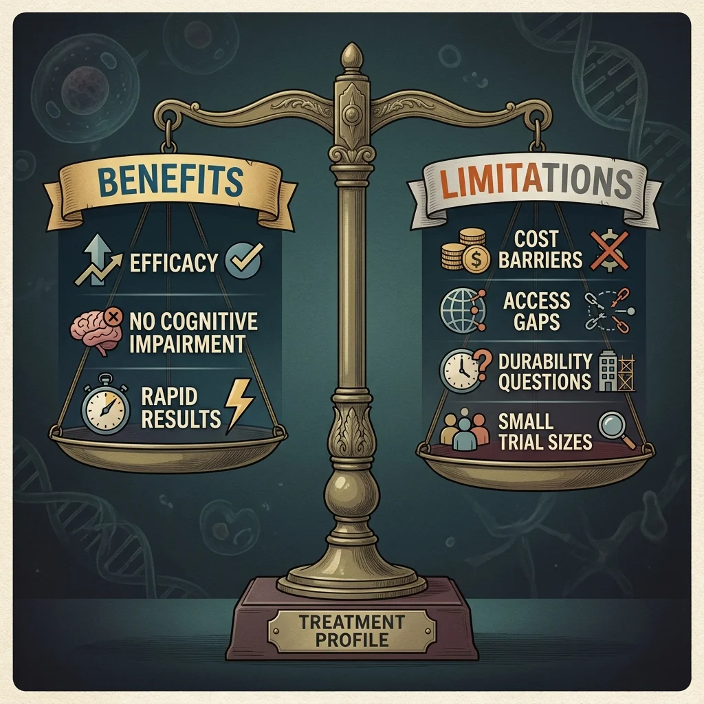 Balanced scale showing brain stimulation benefits versus limitations including cost barriers, access gaps, and durability questions