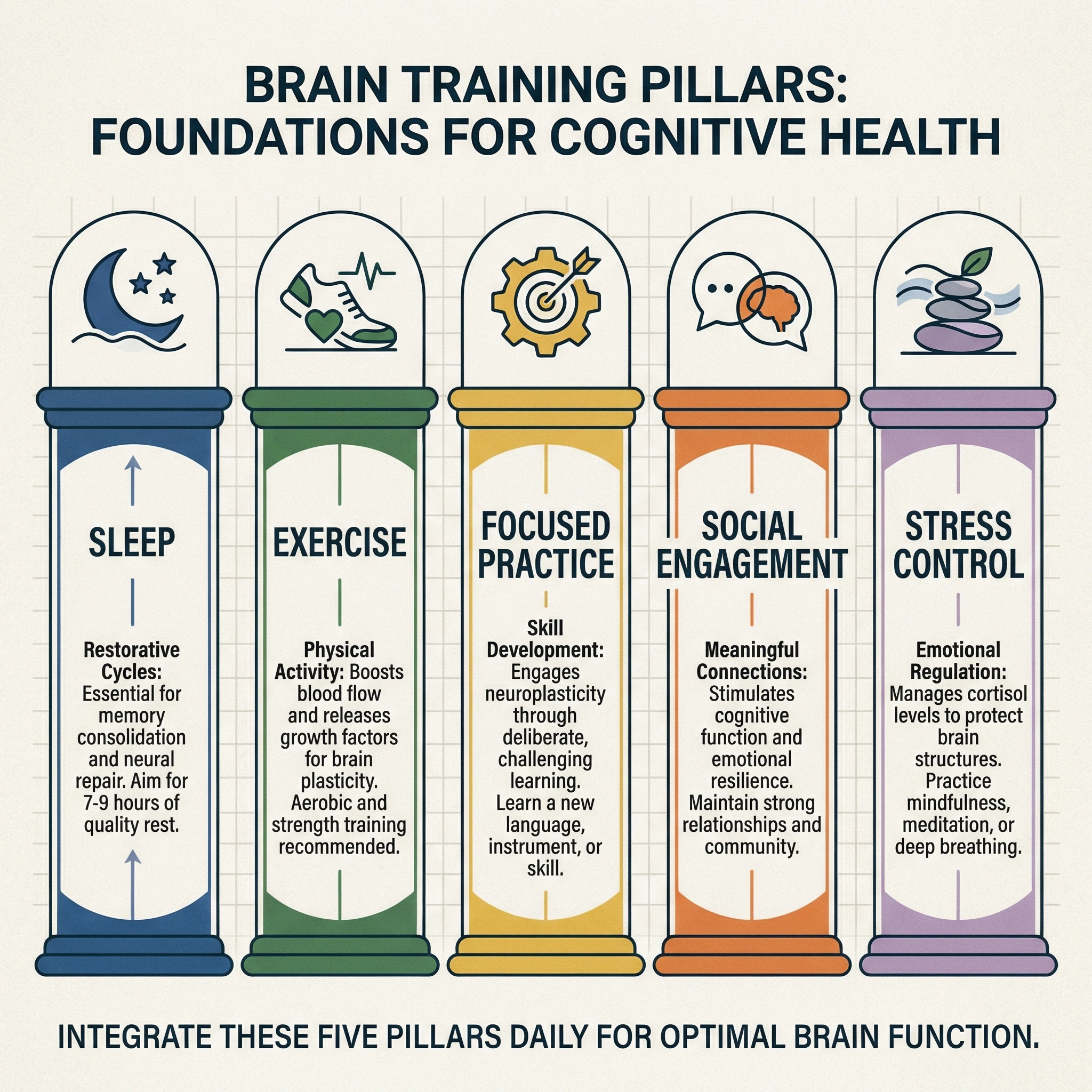 Infographic showing five pillars of cognitive performance: sleep, exercise, focused practice, social engagement, and stress control