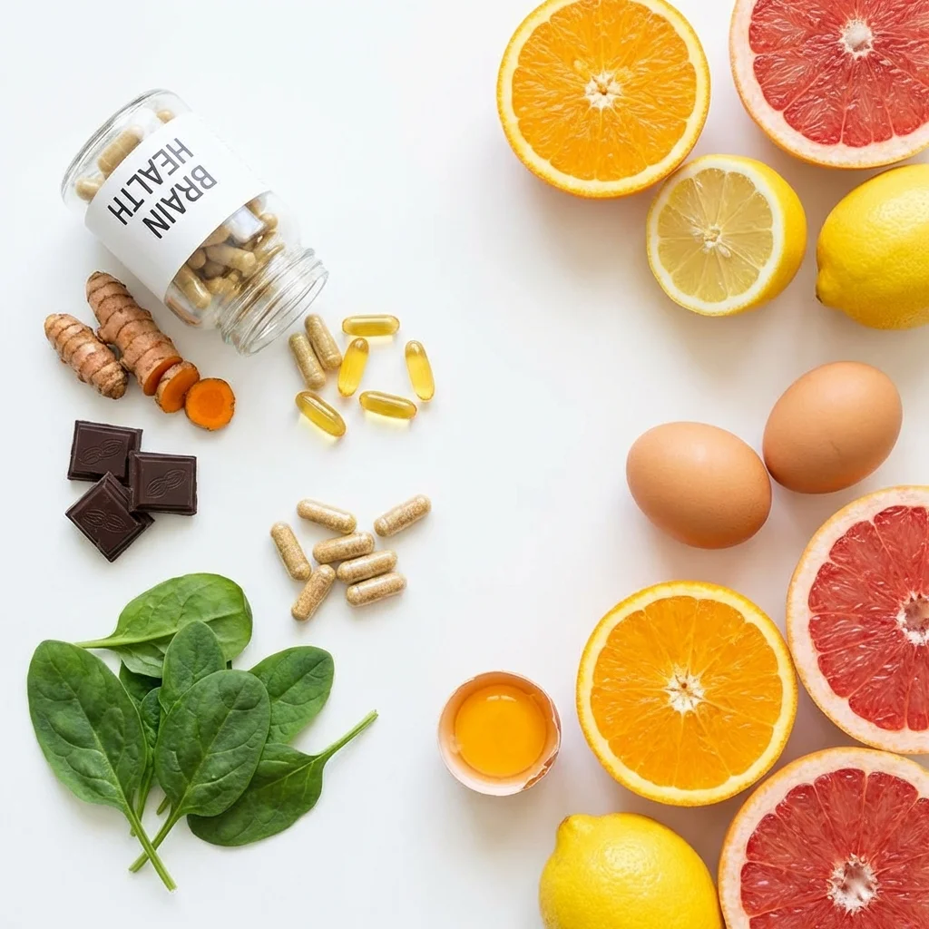 Brain-healthy vitamins, supplements, turmeric, dark chocolate, spinach, and citrus arranged on white background