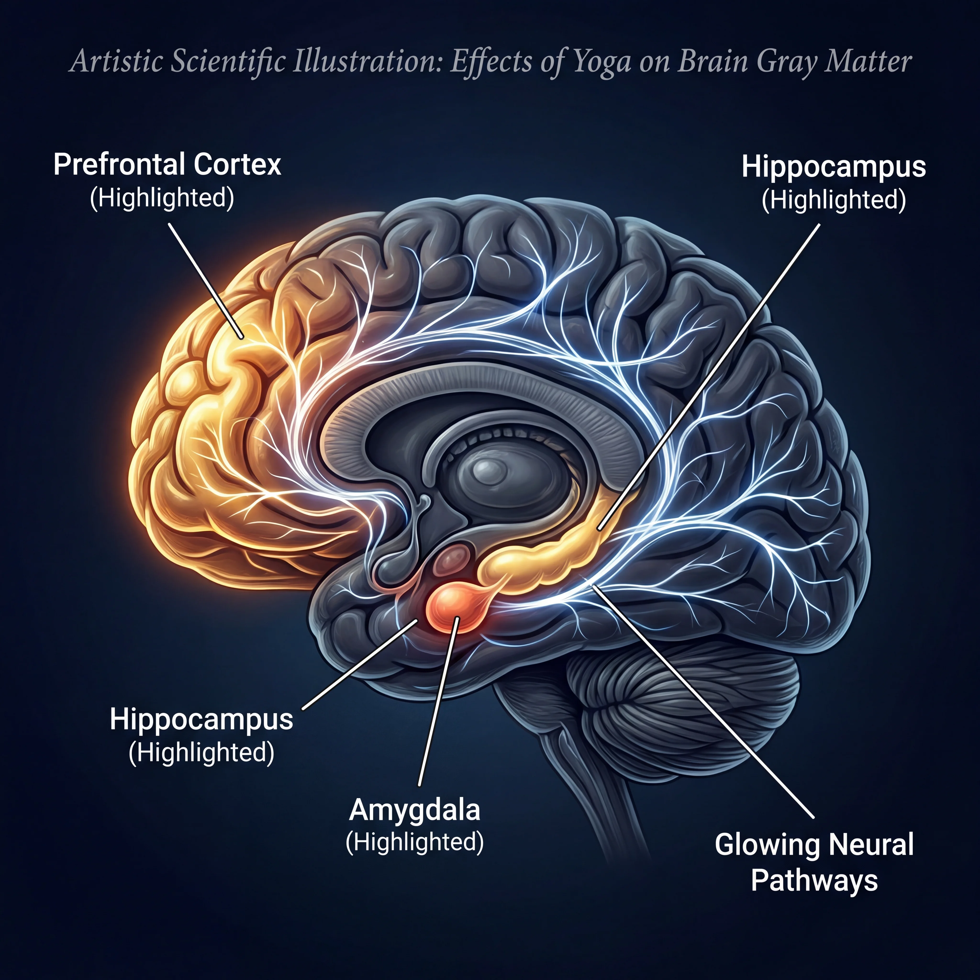 Abstract visualization of neural networks and brain regions associated with mindfulness and yoga practice