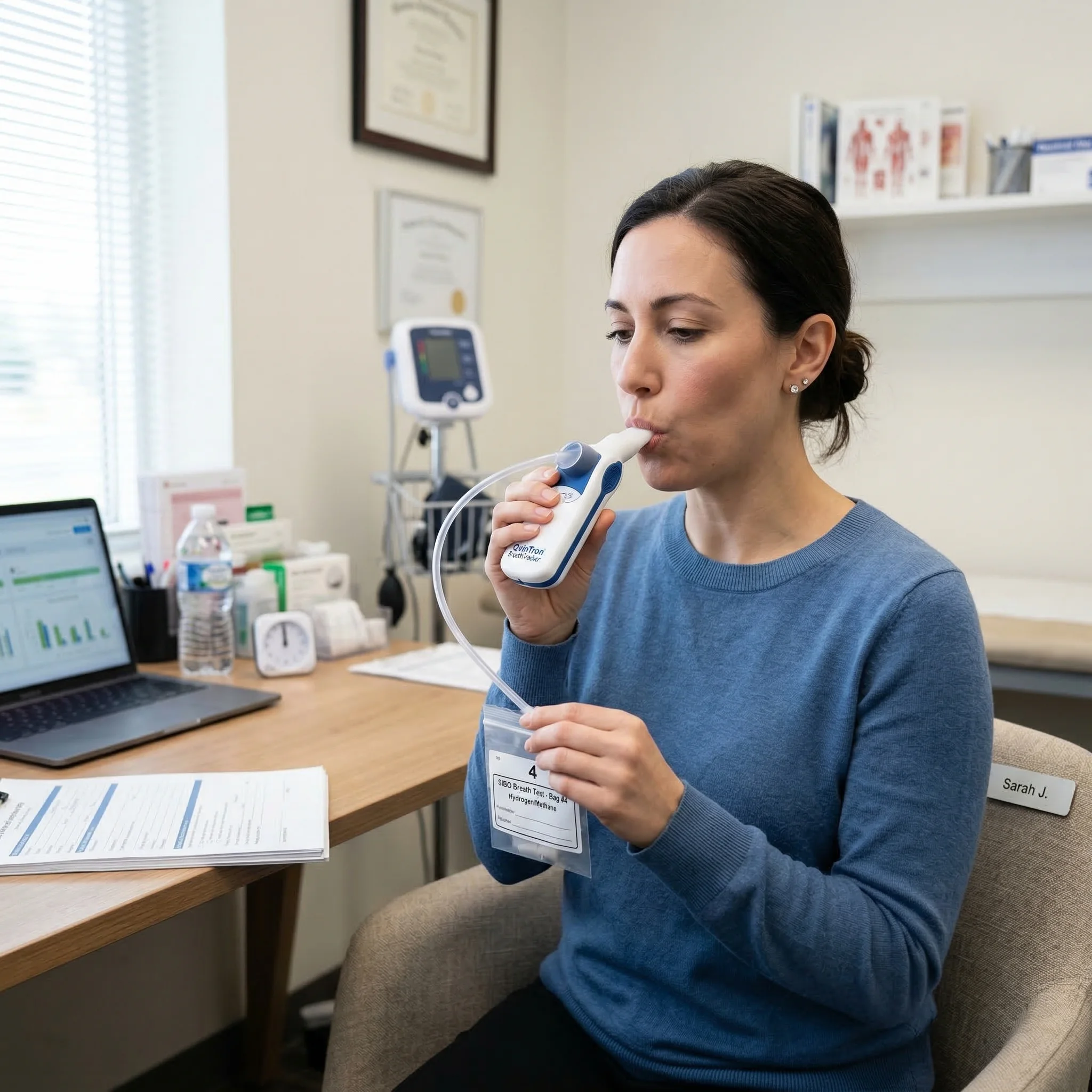 Step-by-step illustration of the SIBO lactulose breath test procedure from fasting to sample collection