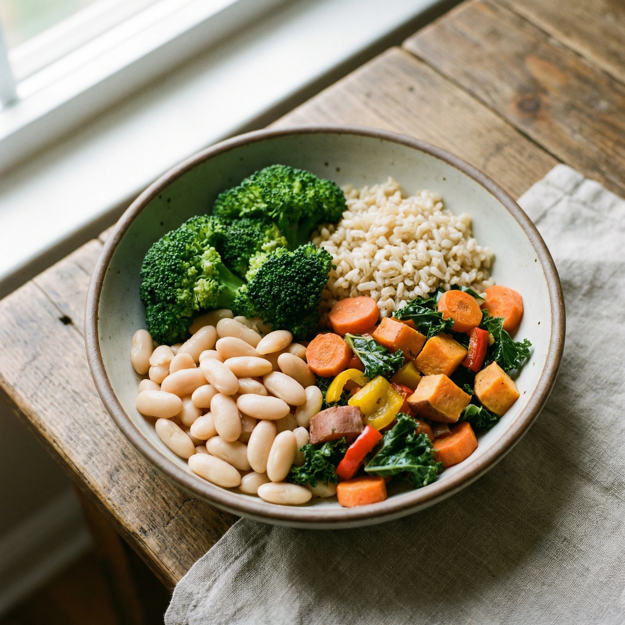 High-fiber meal bowl with broccoli, white beans, brown rice, and mixed vegetables.
