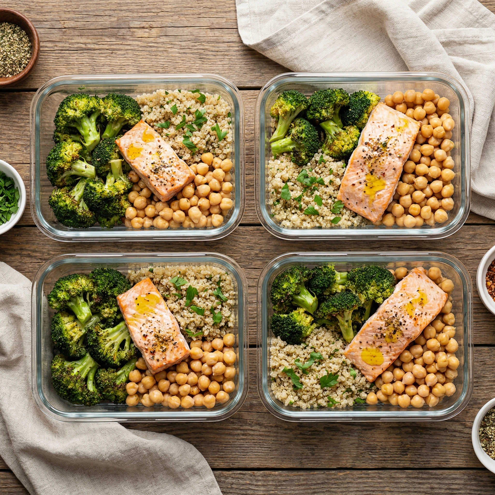 Meal prep containers with broccoli, quinoa, salmon, and chickpeas for balanced weekday lunches.