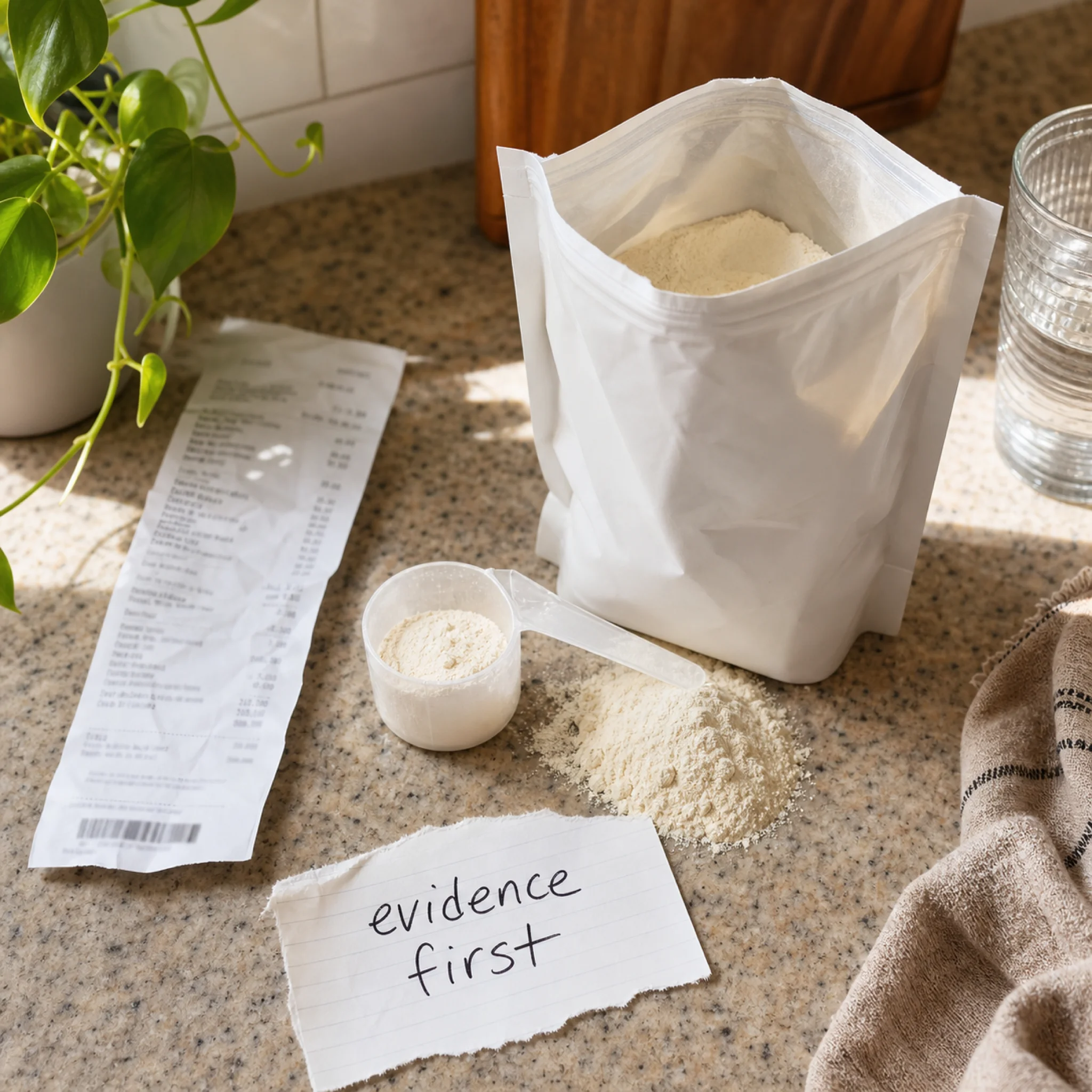 Collagen powder and a grocery receipt used to compare evidence and budget