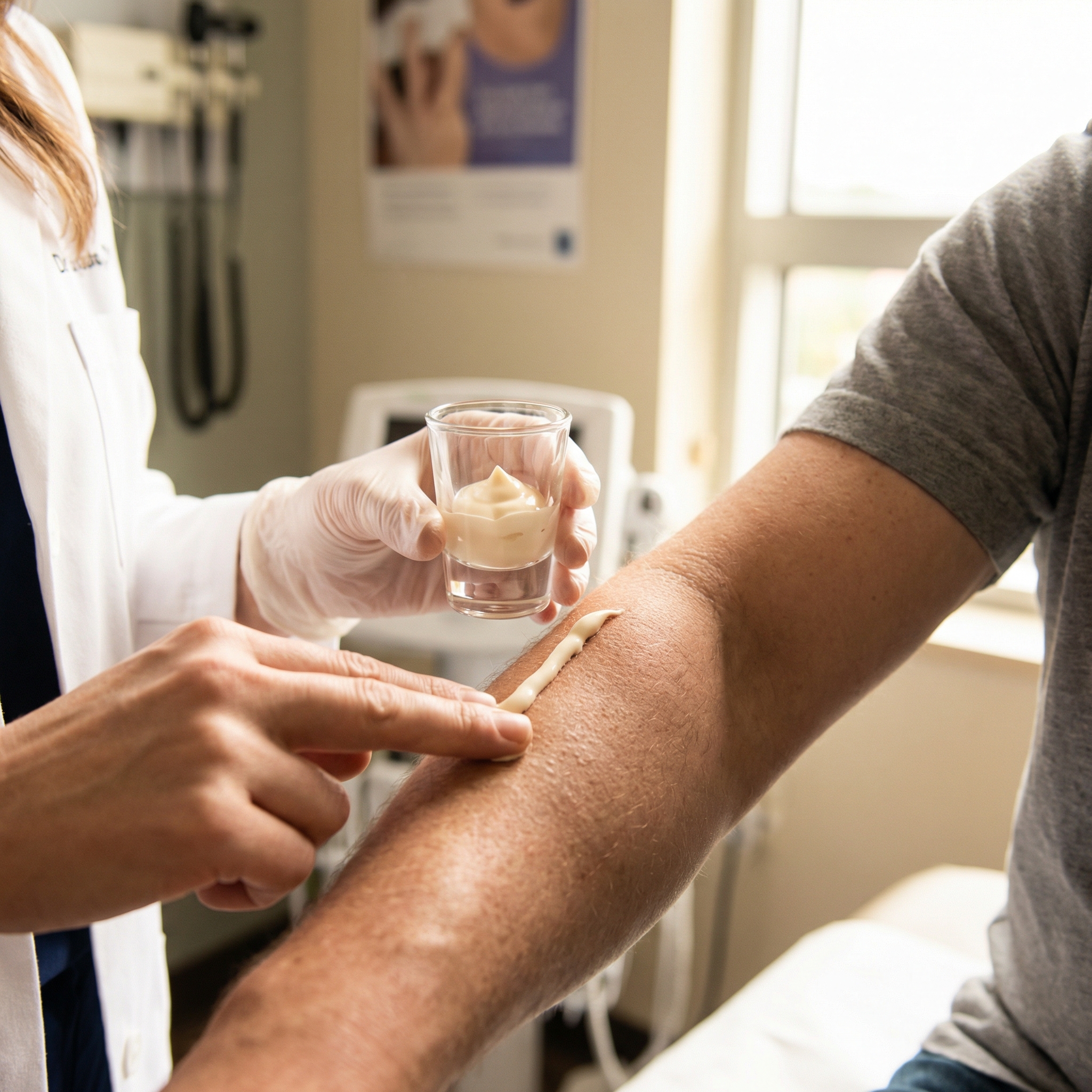 Clinician demonstrating the correct two-finger amount of sunscreen on a patient's forearm in a dermatology clinic.