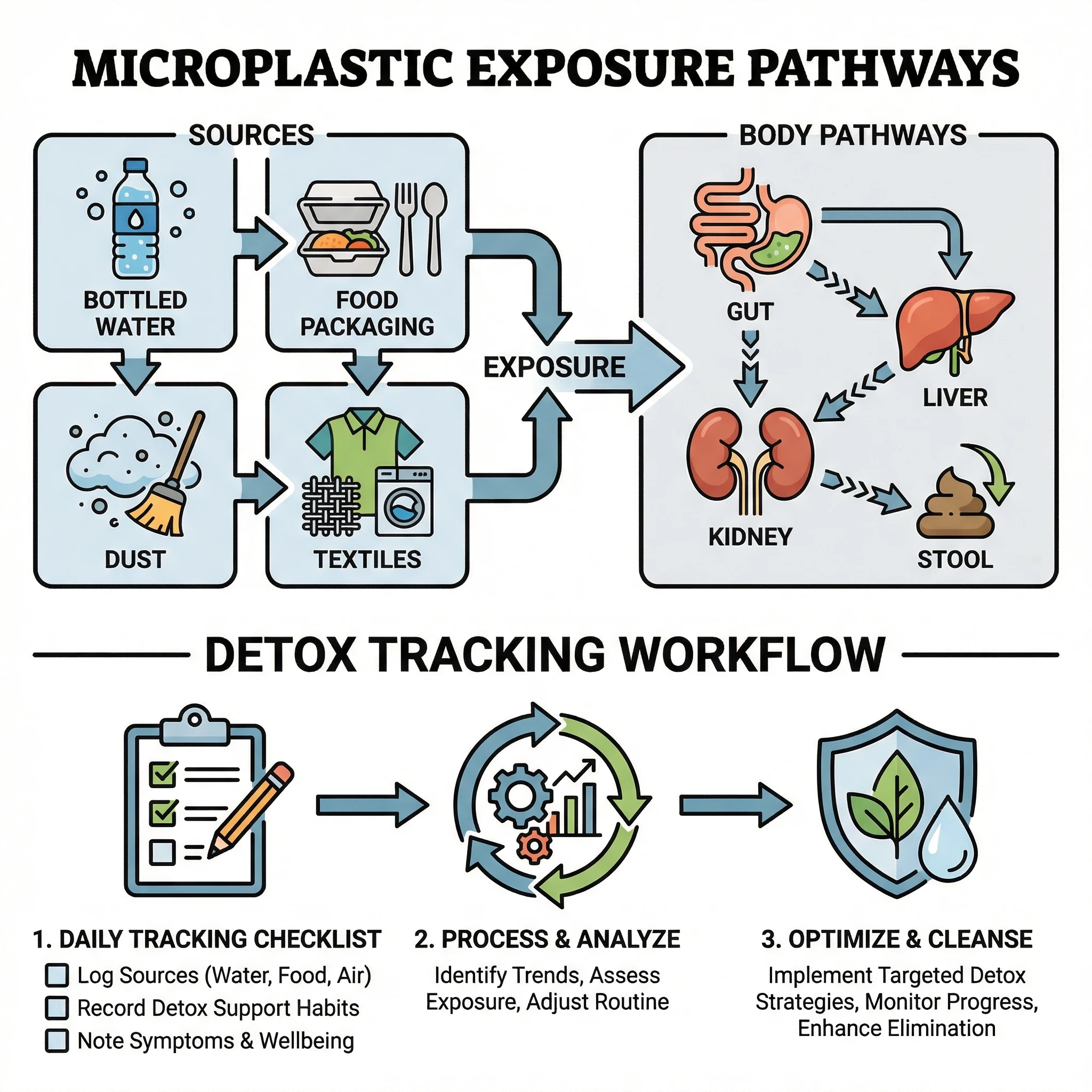 Infographic showing a weekly microplastic exposure-reduction workflow from source control to tracking review.