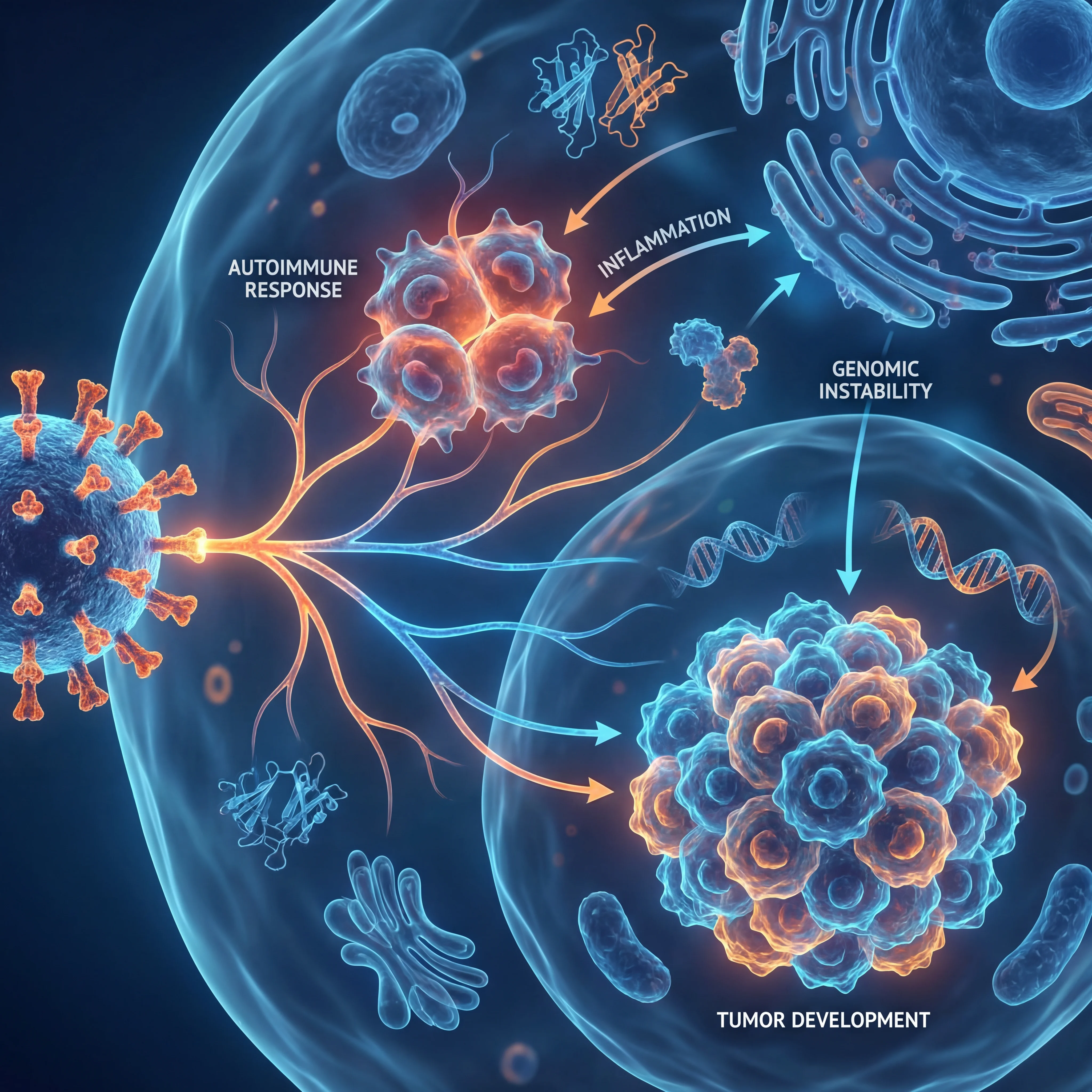 Scientific illustration showing the molecular pathways connecting Epstein-Barr virus to autoimmune disease and cancer development