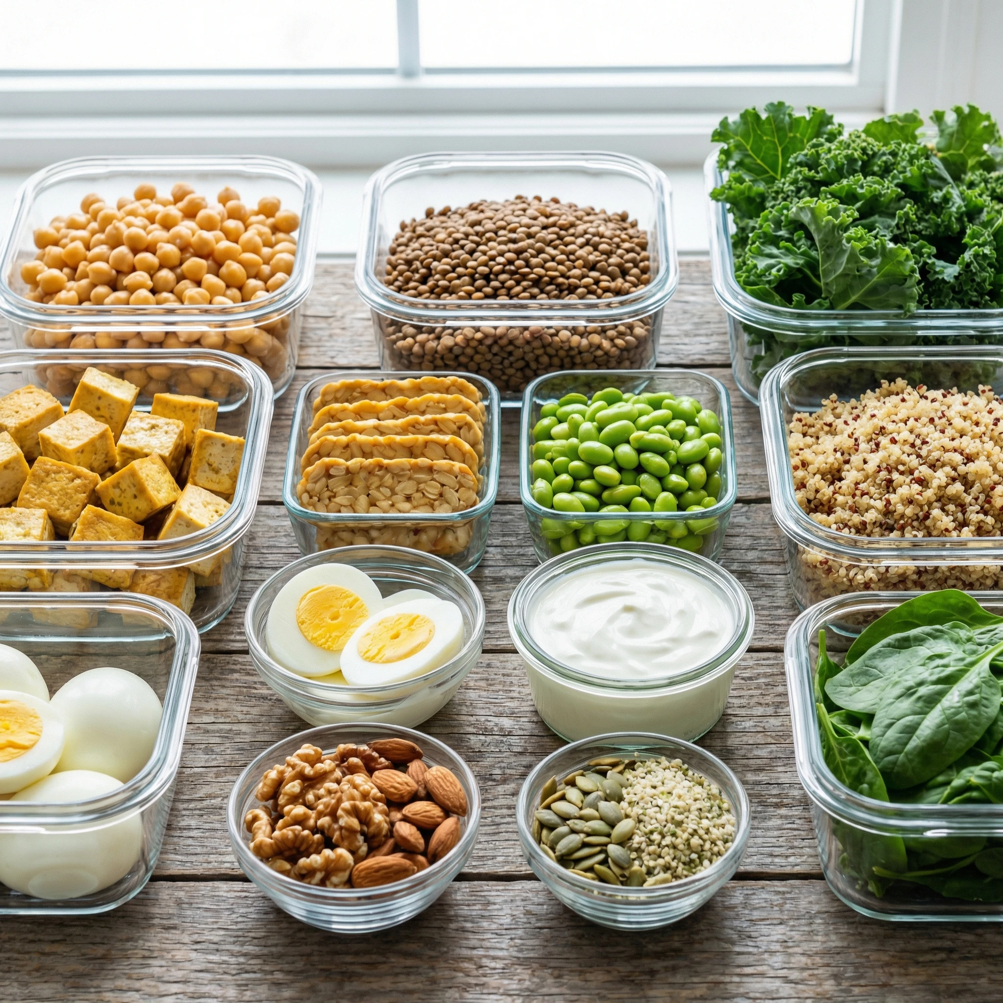 Plant-based protein ingredients including tofu, lentils, chickpeas, edamame, quinoa, nuts, seeds, yogurt, and eggs arranged for meal prep