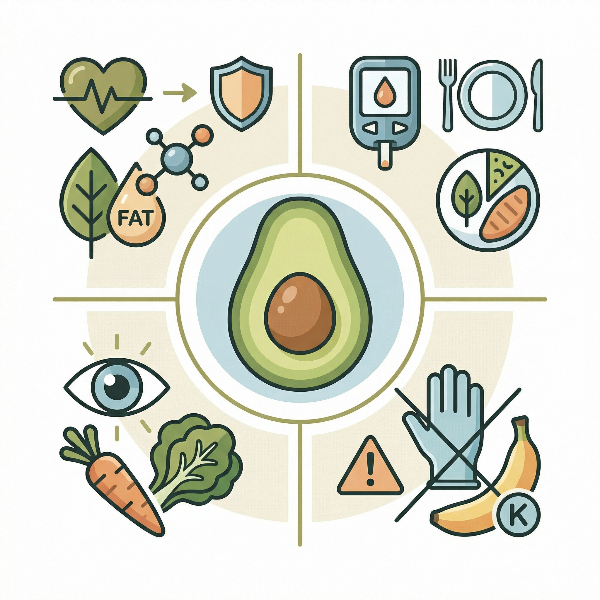 Infographic-style avocado visual summarizing heart, blood sugar, eye-support nutrients, and key safety cautions.