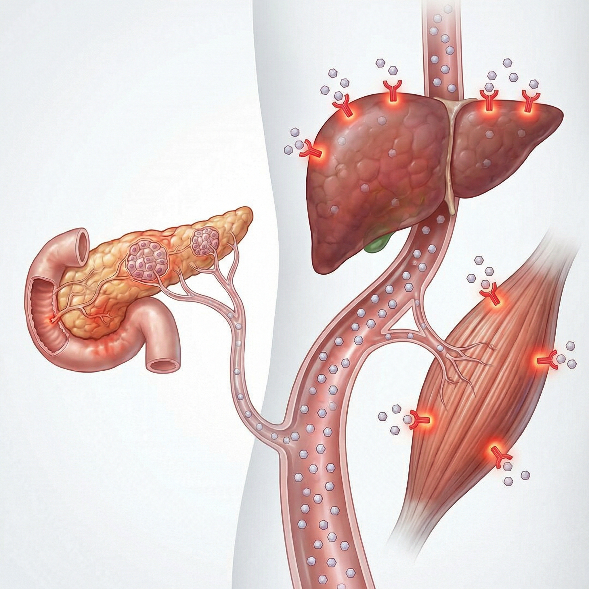 Medical illustration of pancreas, liver, blood vessel, and muscle showing insulin resistance and high circulating glucose
