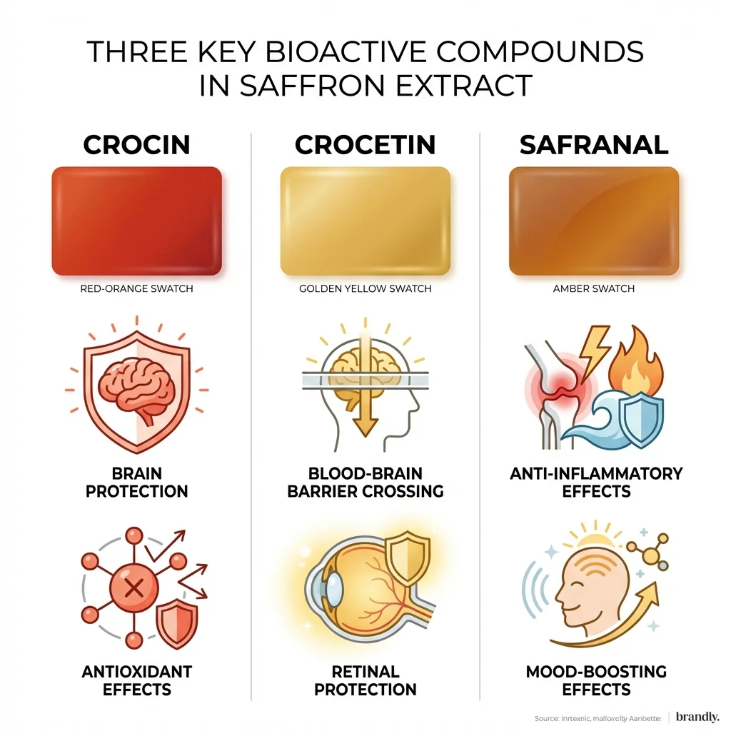 Infographic showing three saffron bioactive compounds with their chemical properties and health targets