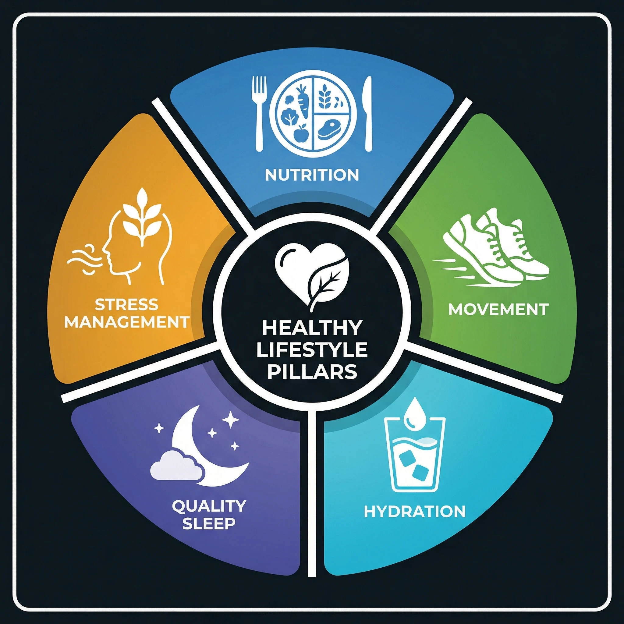 Infographic illustrating five lifestyle pillars: nutrition, movement, hydration, sleep, and stress management