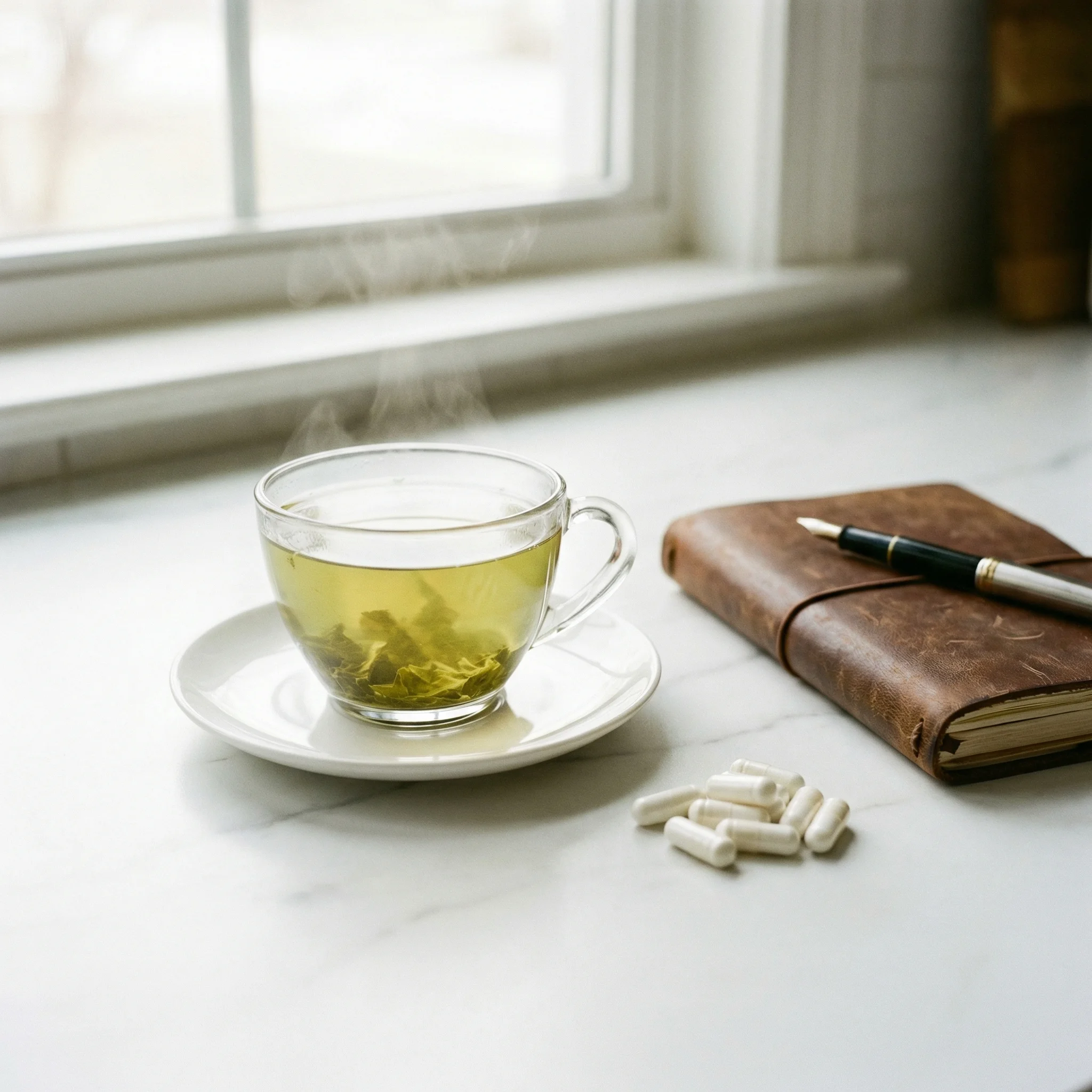 A cup of green tea beside L-theanine supplement capsules with a journal and pen in the background