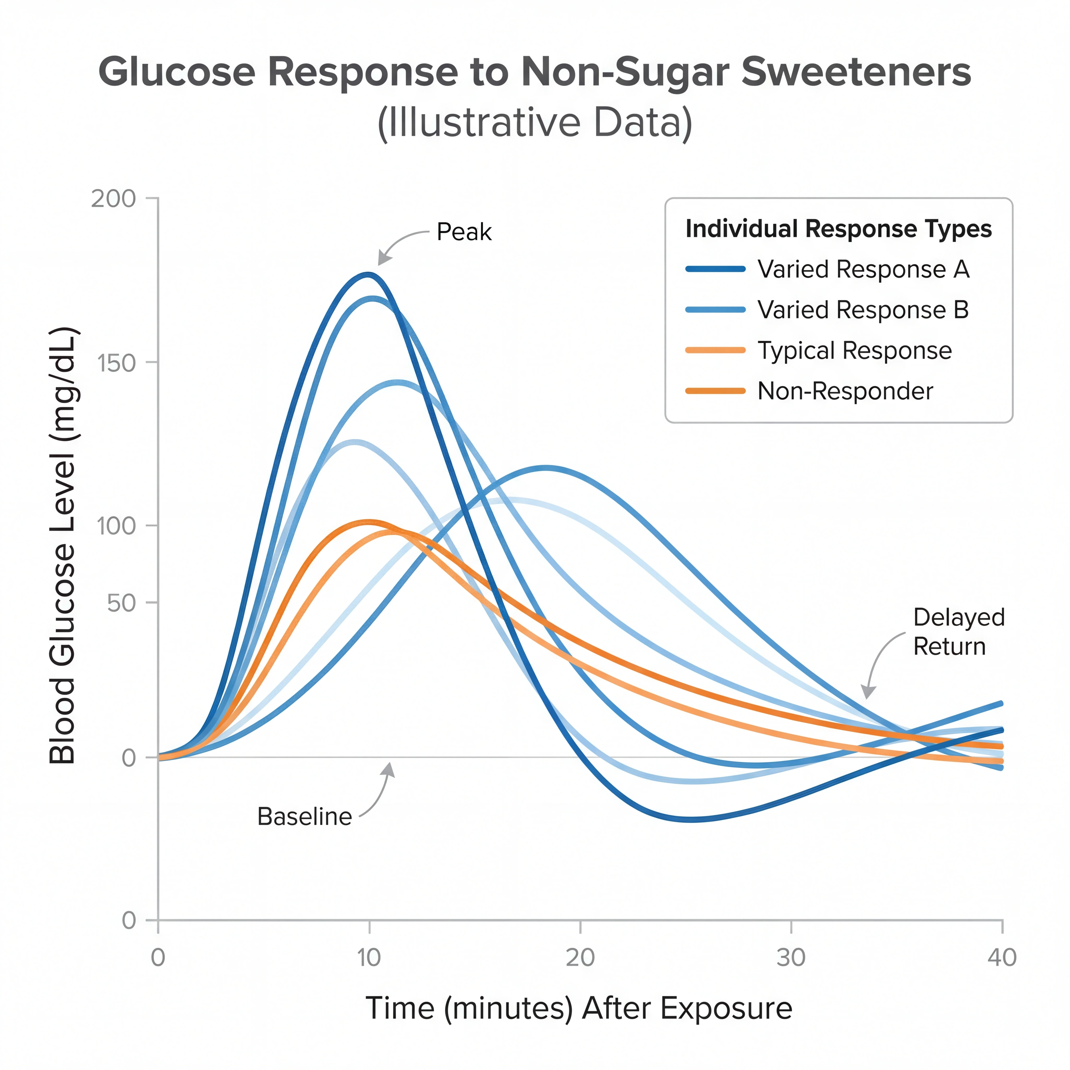 Simplified chart illustrating how different people may show different glucose responses to the same sweetener exposure.