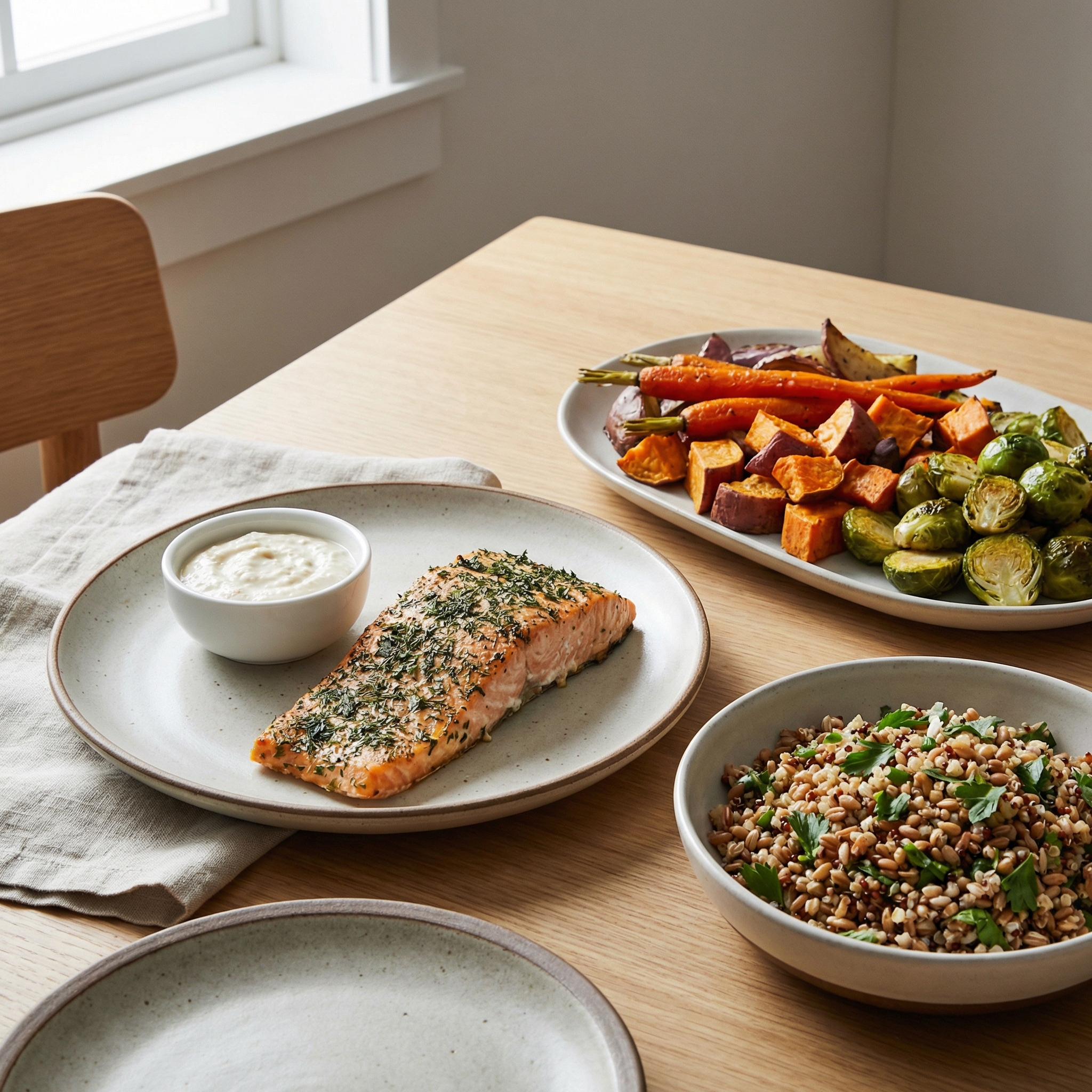 Balanced meal with baked salmon, roasted vegetables, and a small portion of horseradish sauce for practical serving context.