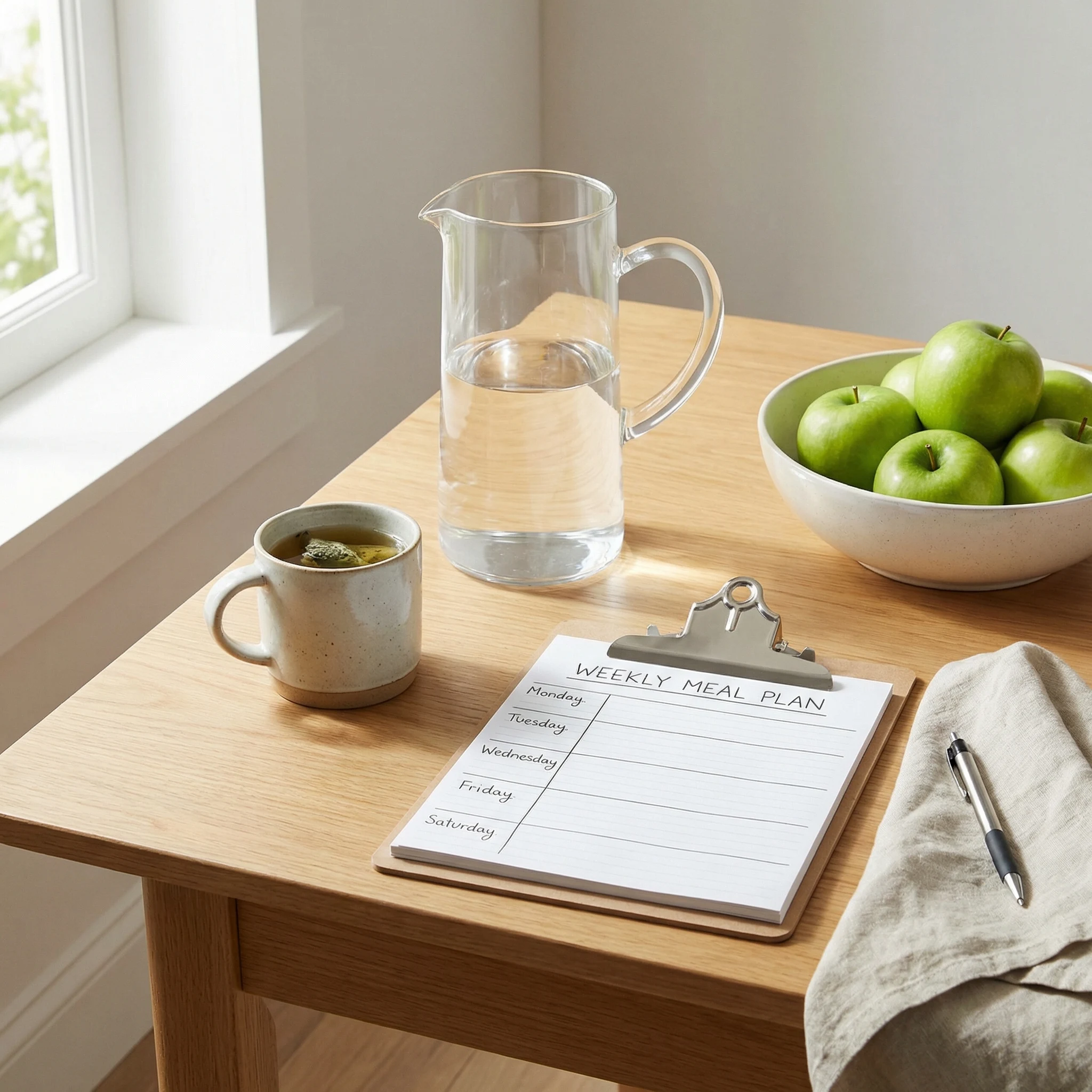 Water pitcher, herbal tea, fruit, and a weekly meal plan used for appetite-supportive hydration habits