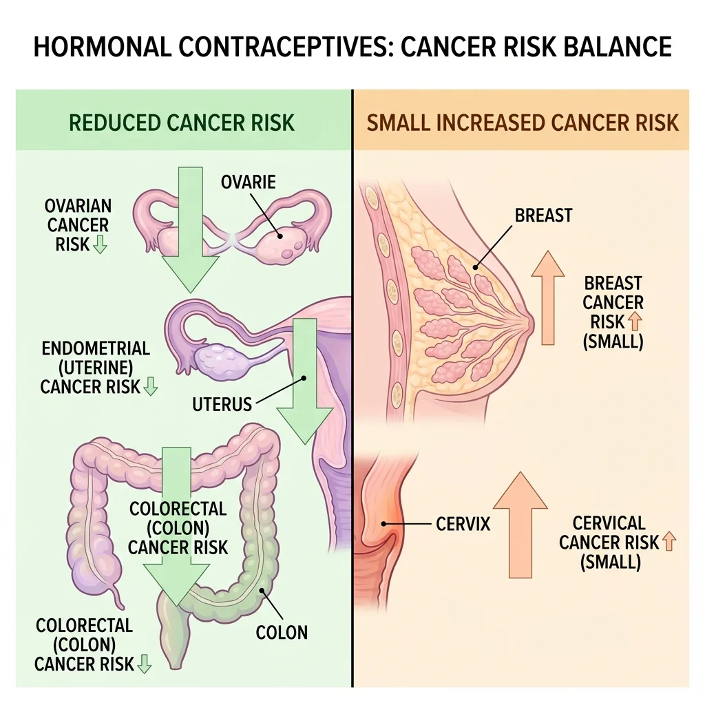 Split illustration showing cancer types reduced by hormonal contraceptives versus those with slightly elevated risk