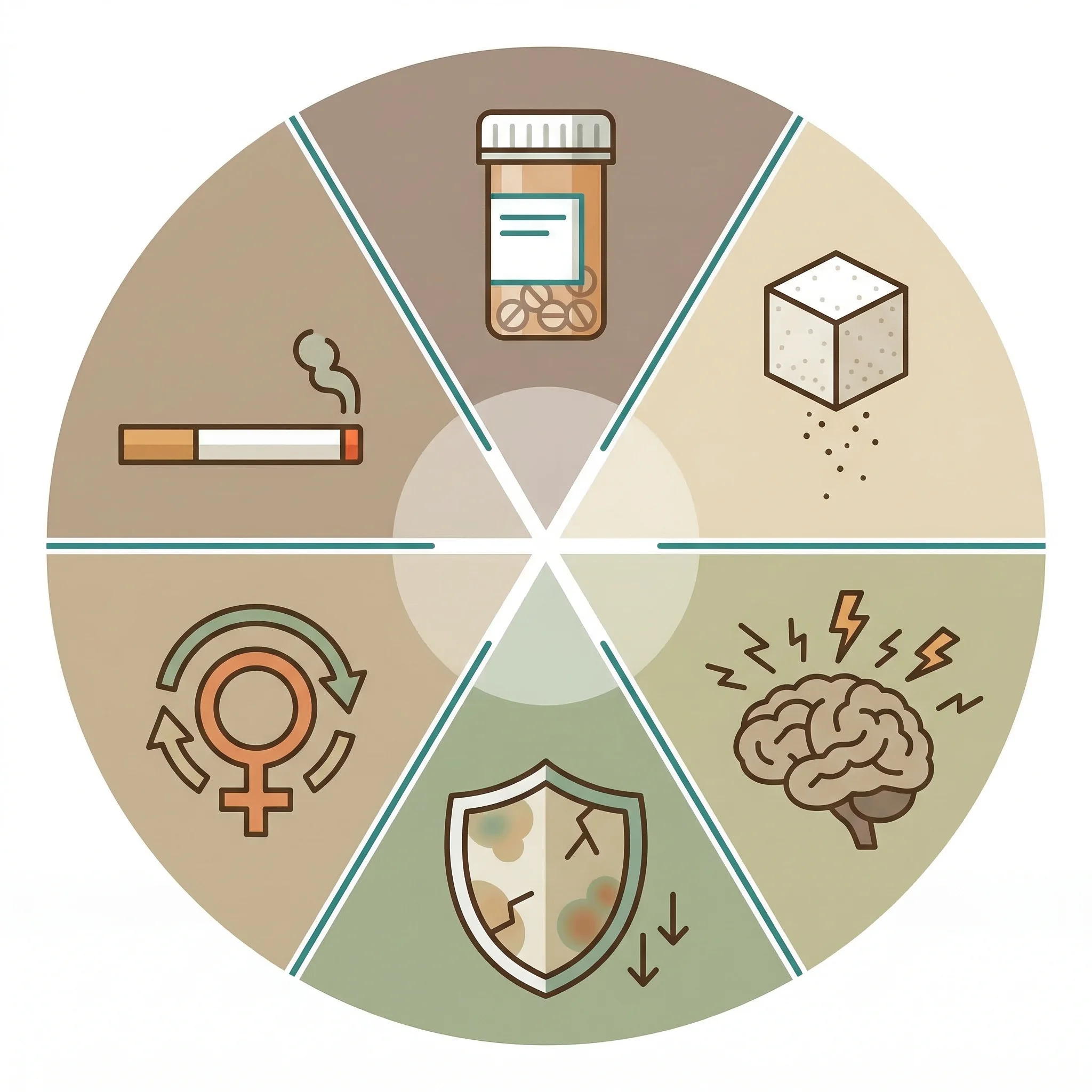 Infographic showing six common triggers of candida overgrowth including antibiotics, high sugar diet, stress, immune suppression, hormonal changes, and smoking