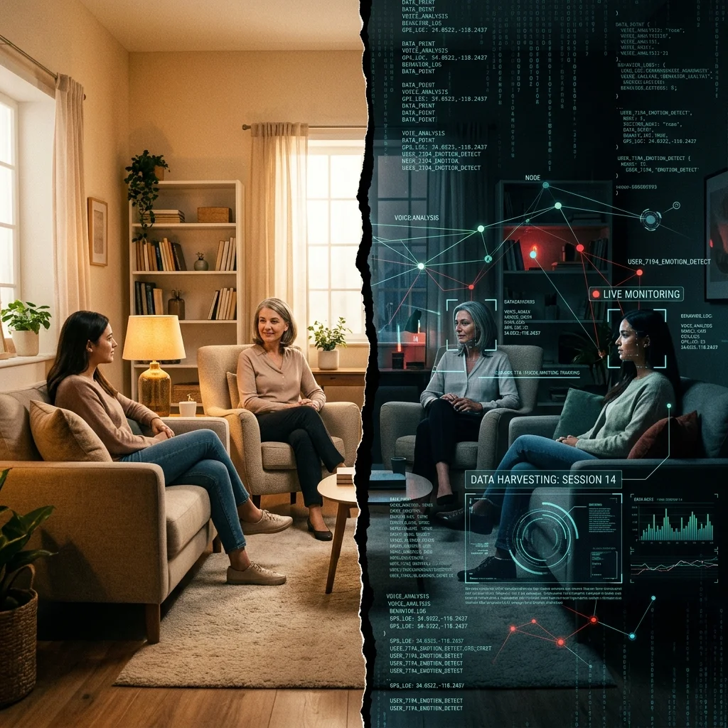 Split image contrasting a warm therapy setting with a digitally surveilled version overlaid with tracking data and algorithms