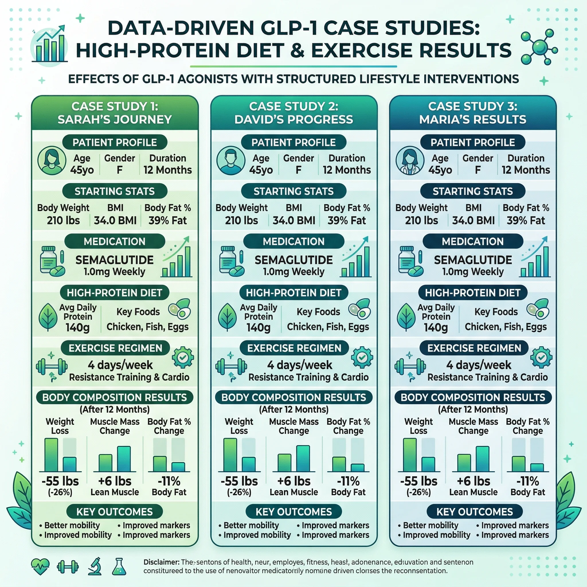 Infographic showing three case studies where patients preserved lean mass through exercise and protein while taking GLP-1 medications
