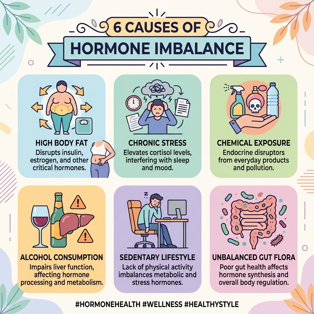 Infographic showing the six major causes of estrogen dominance with icons for each cause