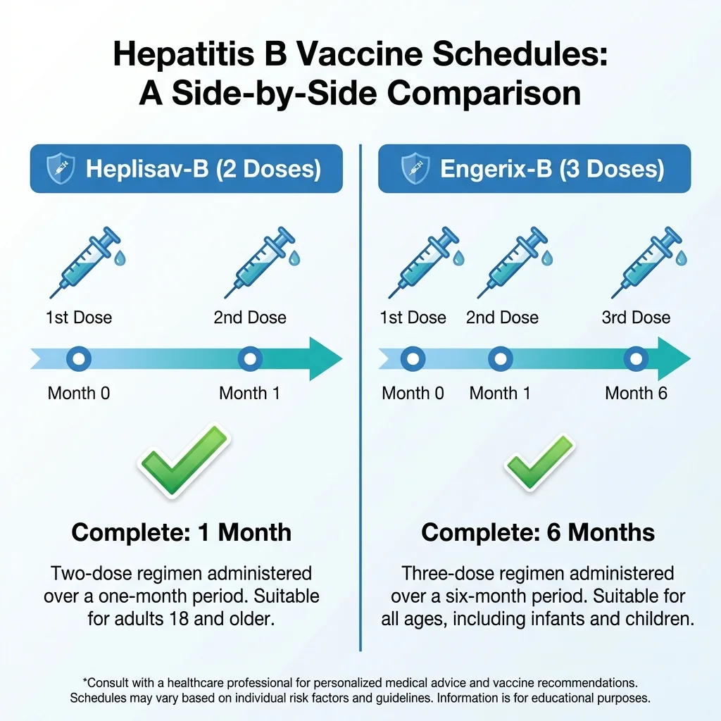 Infographic comparing the Heplisav-B two-dose schedule over one month versus the Engerix-B three-dose schedule over six months