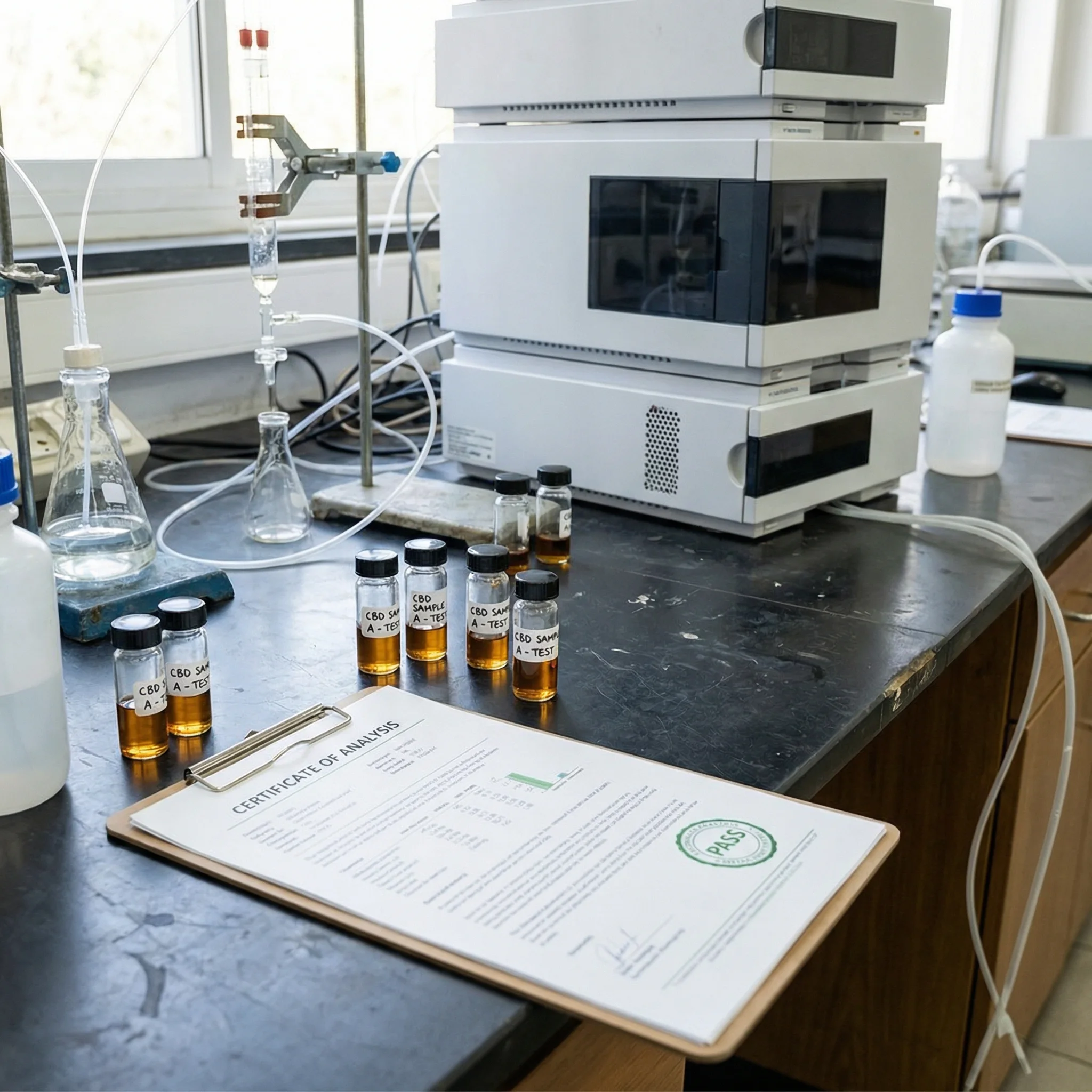 Analytical testing setup with chromatography instruments, sample vials, and quality-control paperwork for cannabinoid extracts.