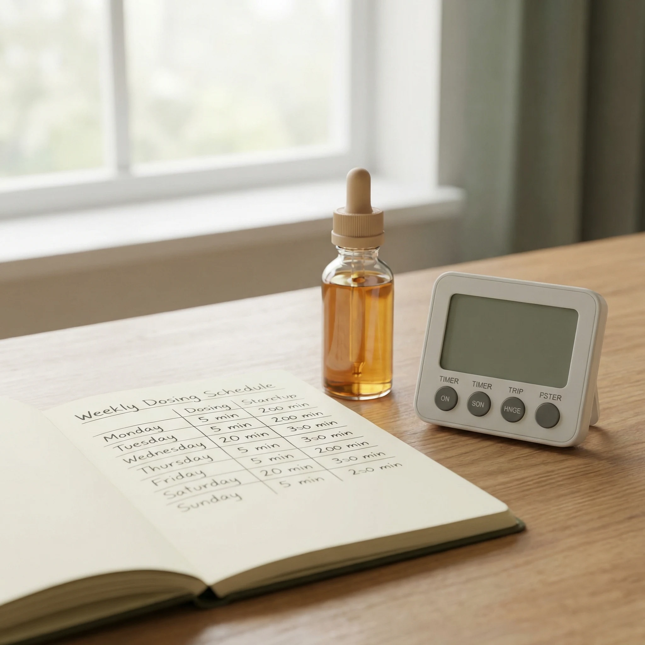 Nightstand setup with a dropper bottle journal and soft bedside lamp suggesting evening relaxation routine