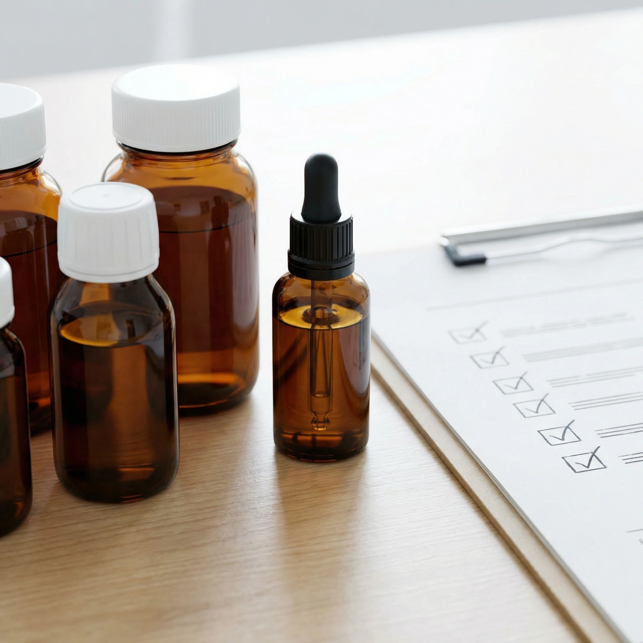 Medication bottles, CBD dropper, and checklist card for side effects and interaction screening.