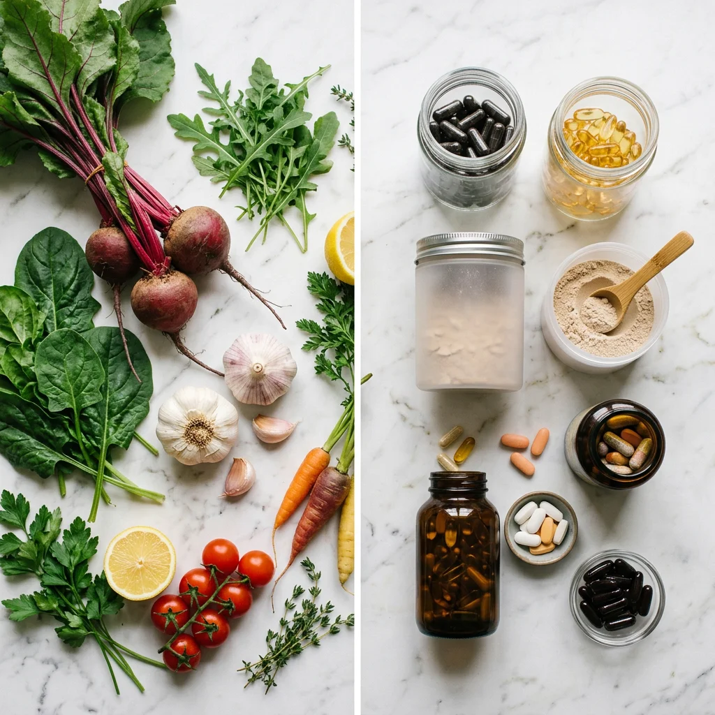 Side-by-side comparison showing fresh whole beets and leafy greens on the left versus supplement capsules and powder on the right