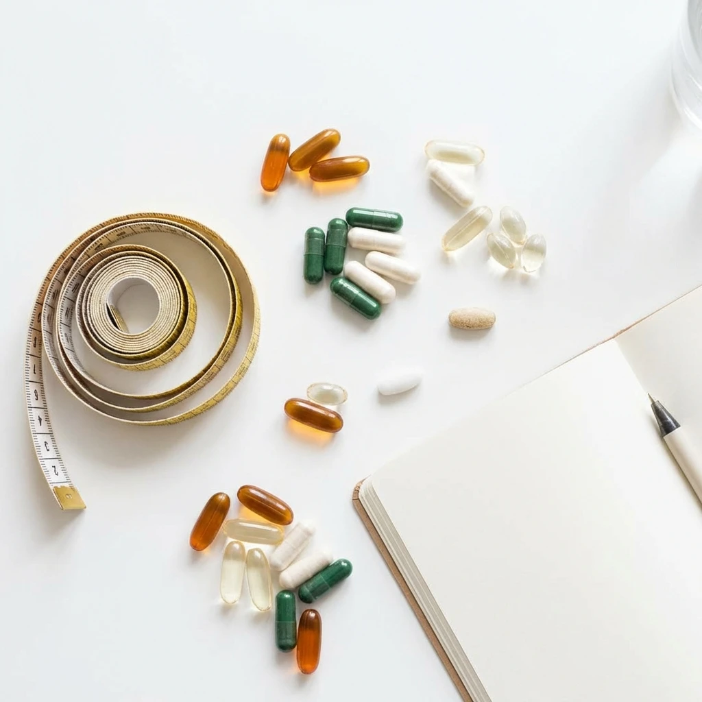 Various weight loss supplement capsules in different colors arranged on a white surface with measuring tape