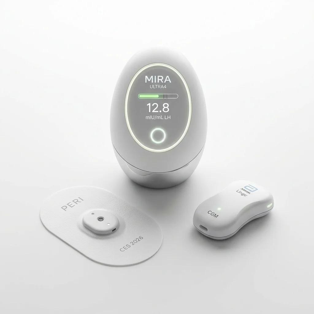 Three CES 2026 women's health devices: Mira Ultra4 hormone analyzer, Peri body patch sensor, and Abbott Lingo glucose biosensor