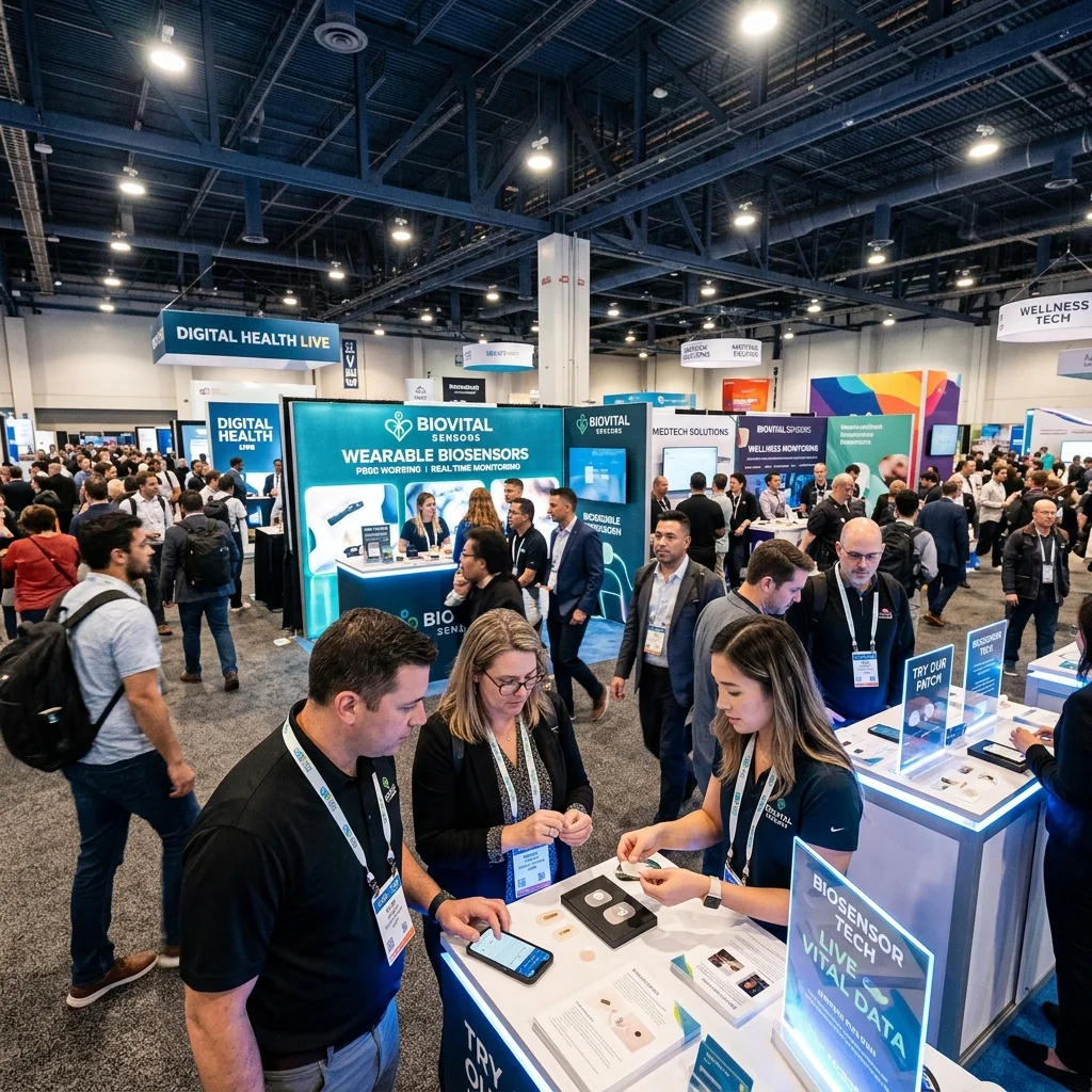 CES 2026 health technology exhibition floor with biosensor patch demonstrations
