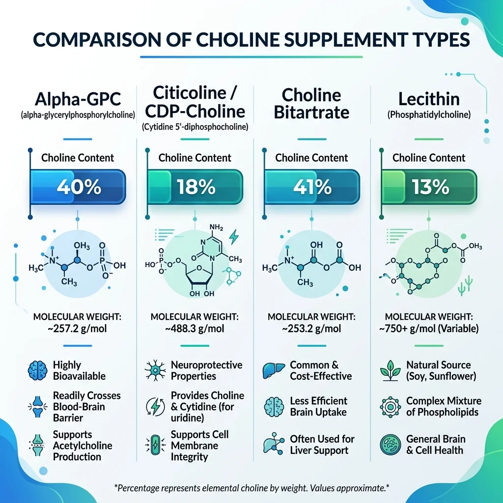 Infographic comparing choline content by weight across alpha-GPC, citicoline, choline bitartrate, and lecithin supplements