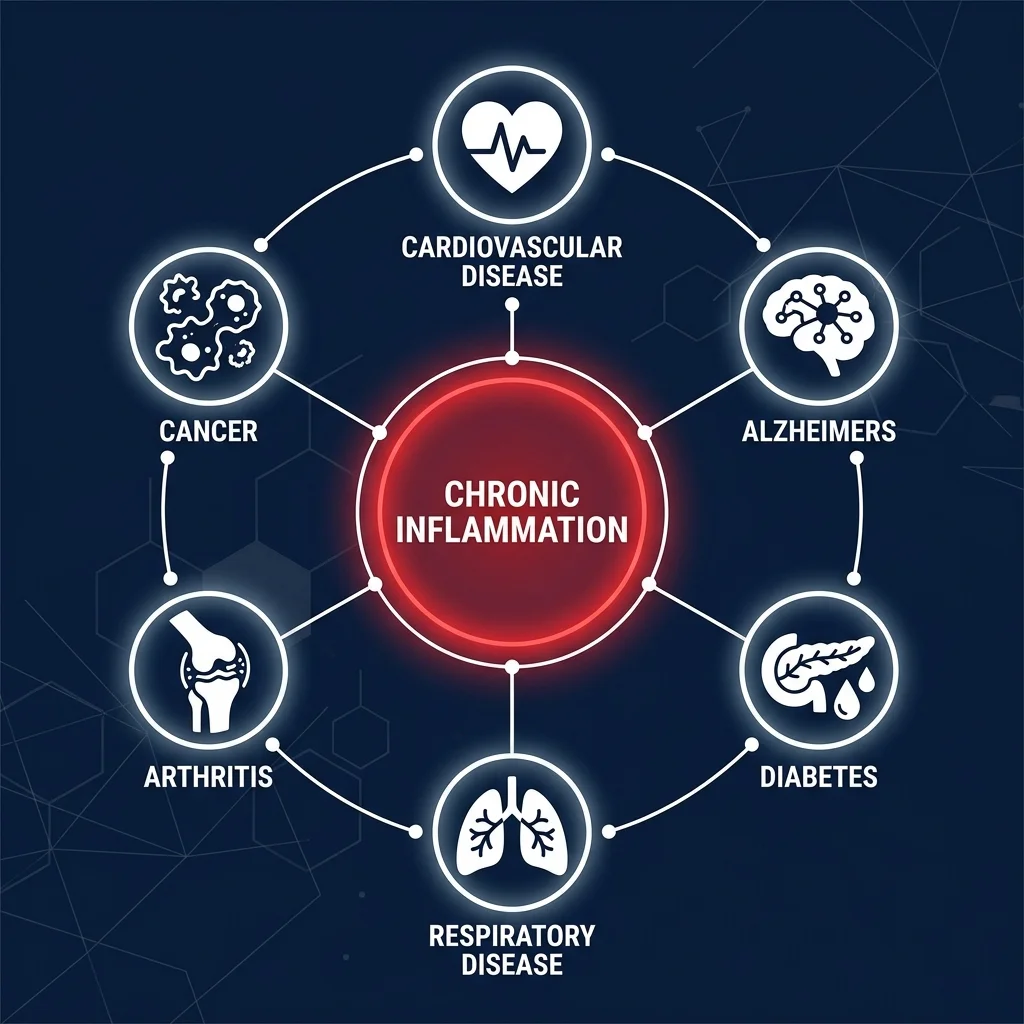Infographic showing chronic inflammation at the center connected to heart disease, diabetes, cancer, Alzheimers, arthritis, and respiratory conditions