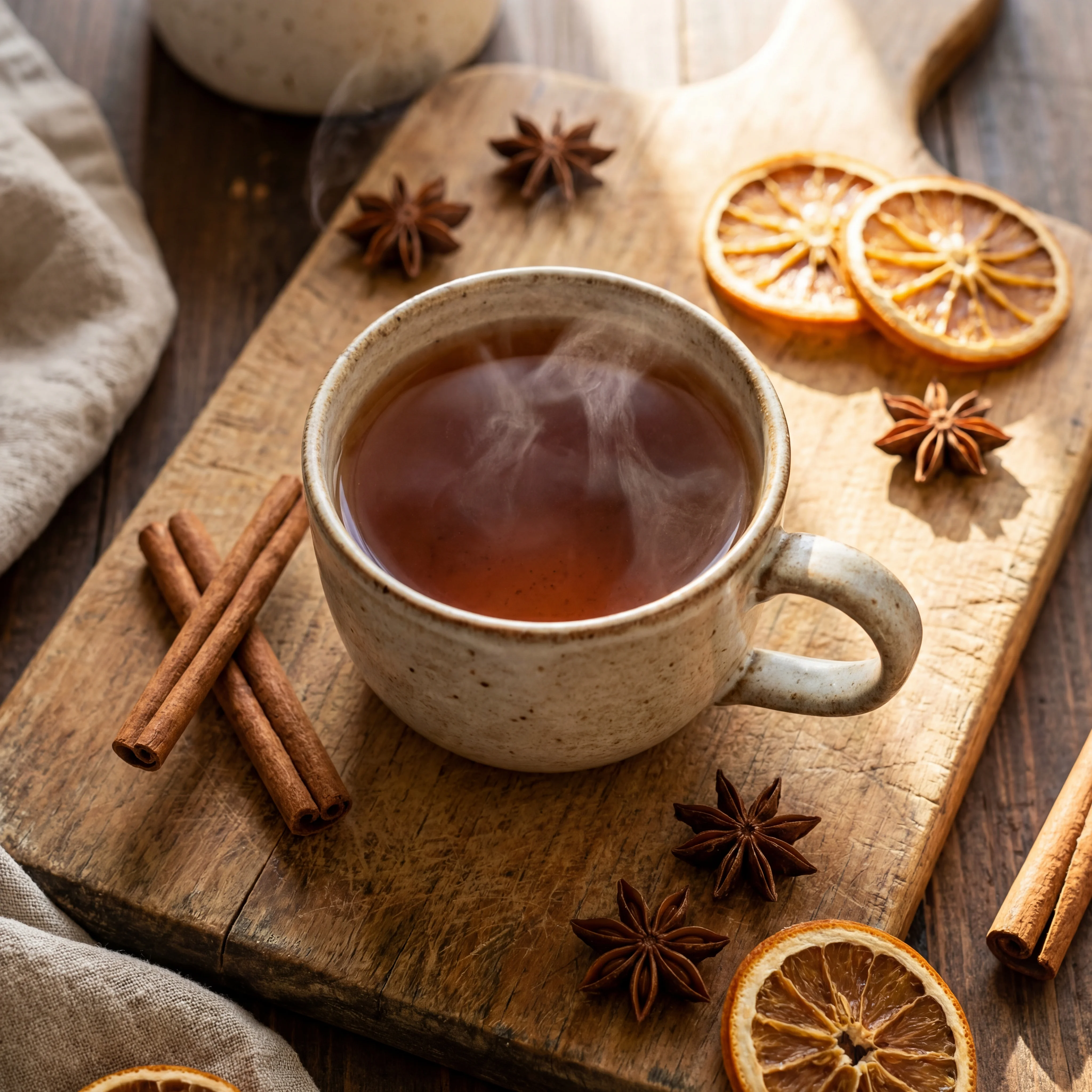 Warm cup of cinnamon tea with whole cinnamon sticks and star anise on a wooden surface in soft natural lighting