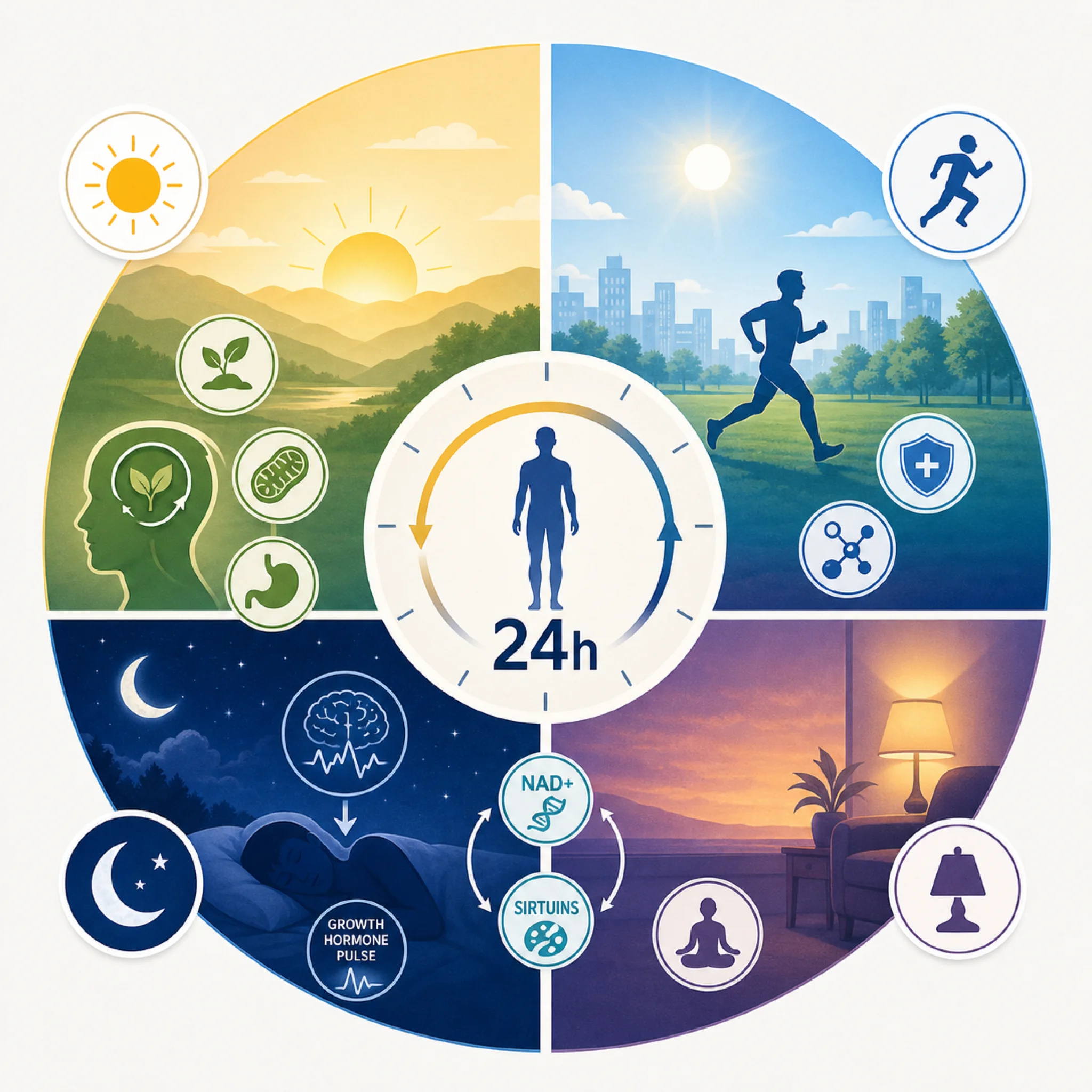 Infographic of a 24-hour circadian cycle linking melatonin, growth hormone, and metabolic timing