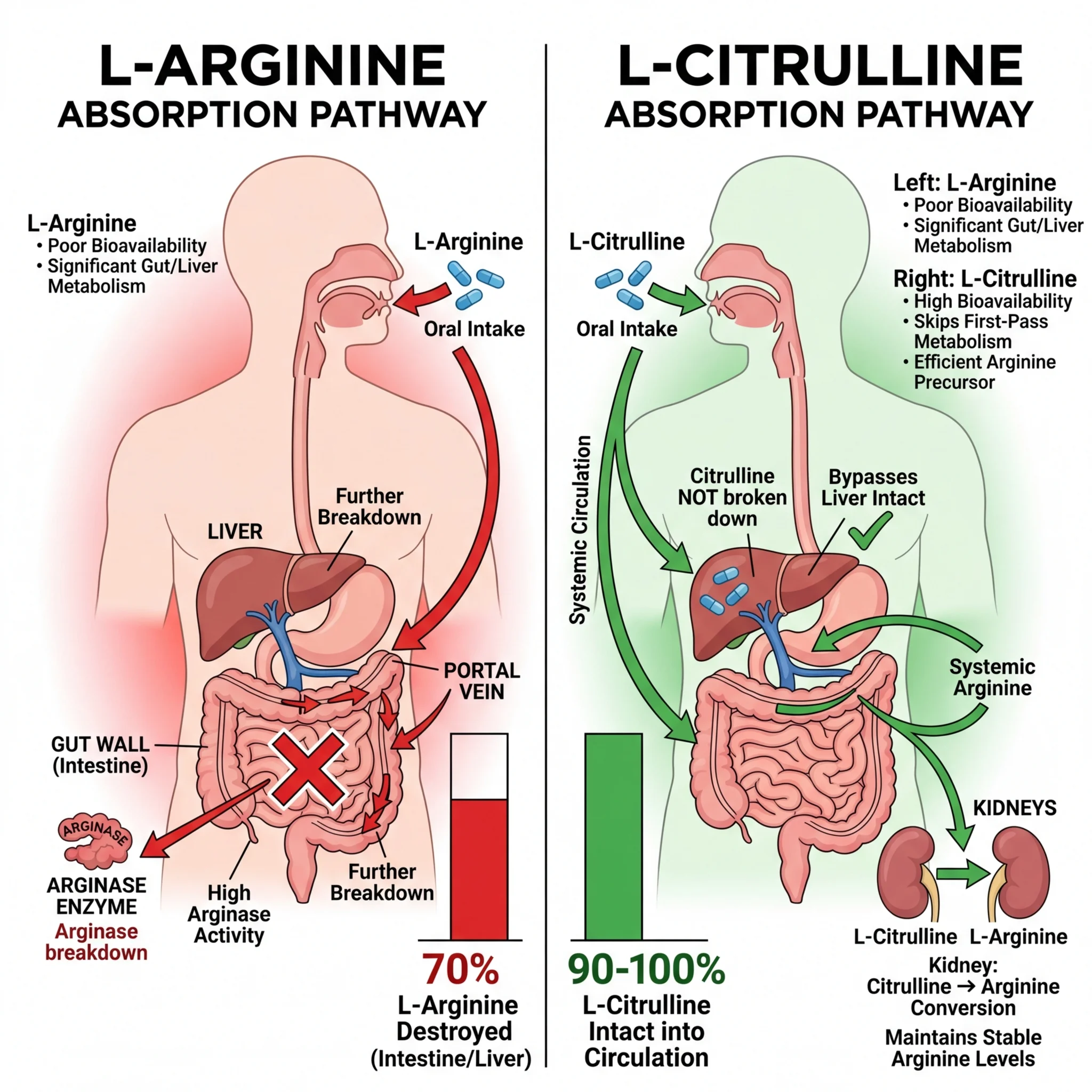 Side-by-side comparison infographic showing citrulline and arginine absorption pathways through the digestive system
