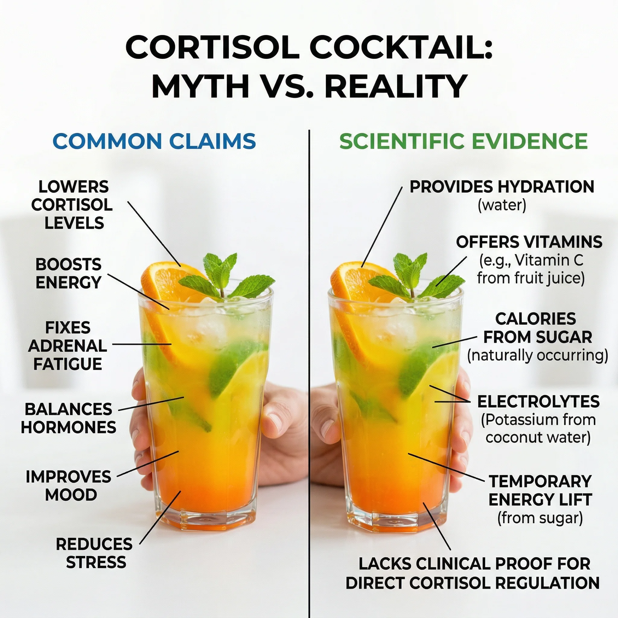 Side-by-side comparison of cortisol cocktail claims versus what scientific evidence actually supports