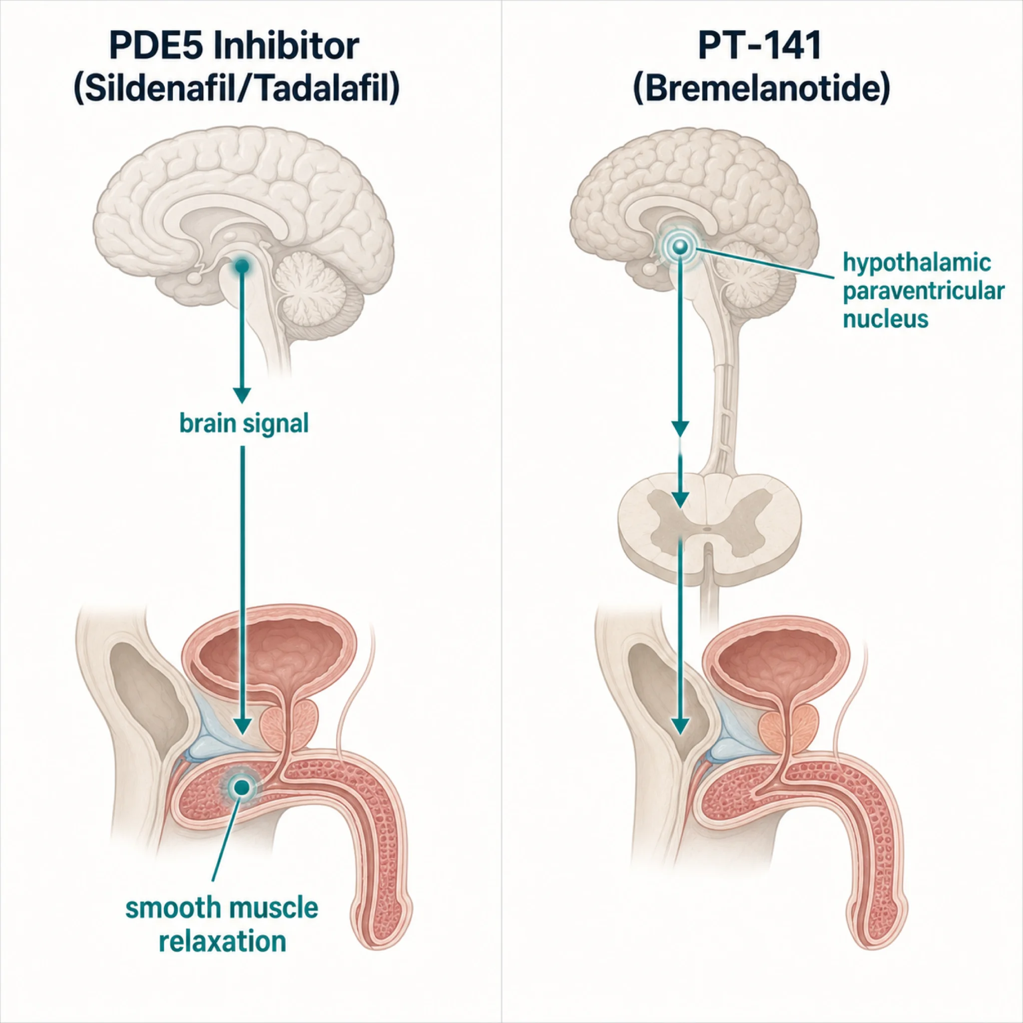 Clean editorial infographic showing two side-by-side schematic anatomical illustrations with arrows: left panel labeled "PDE5 Inhibitor (Sildenafil/Tadalafil)" with the action site
