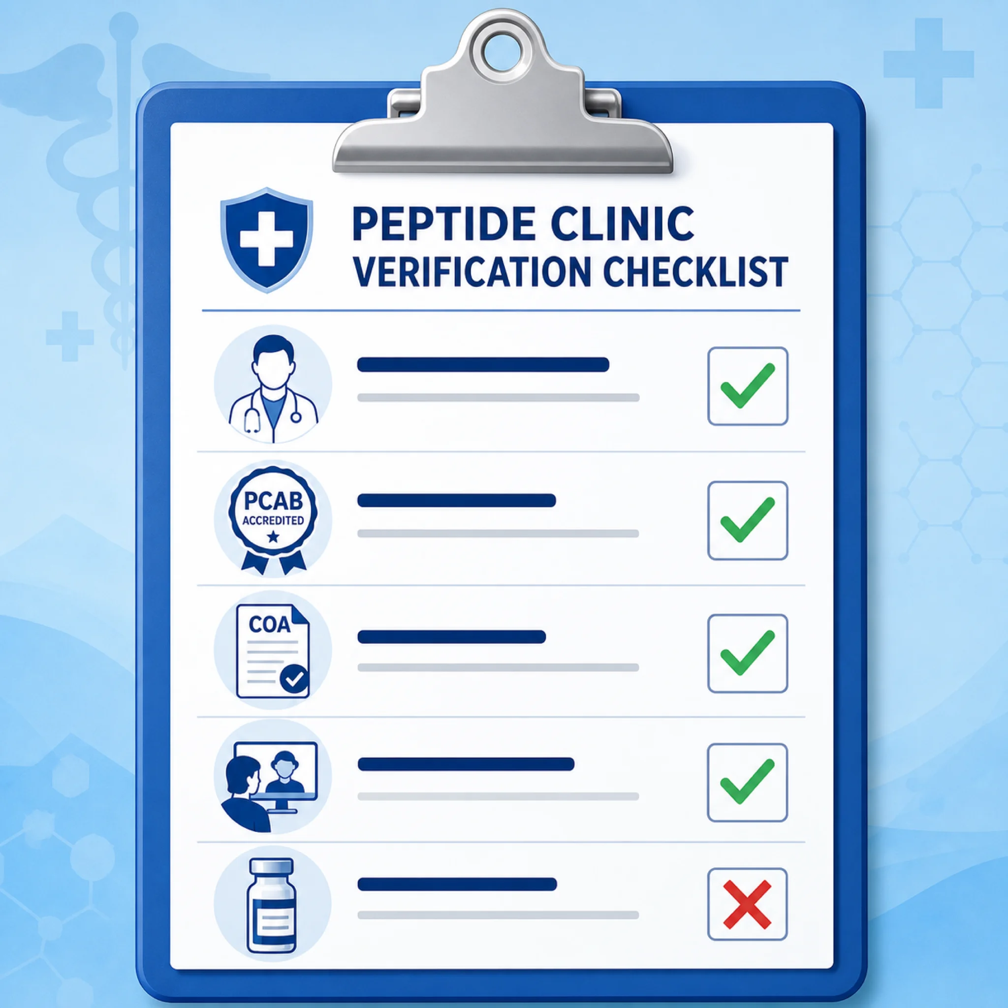 Verification checklist for evaluating legitimacy of online peptide clinics